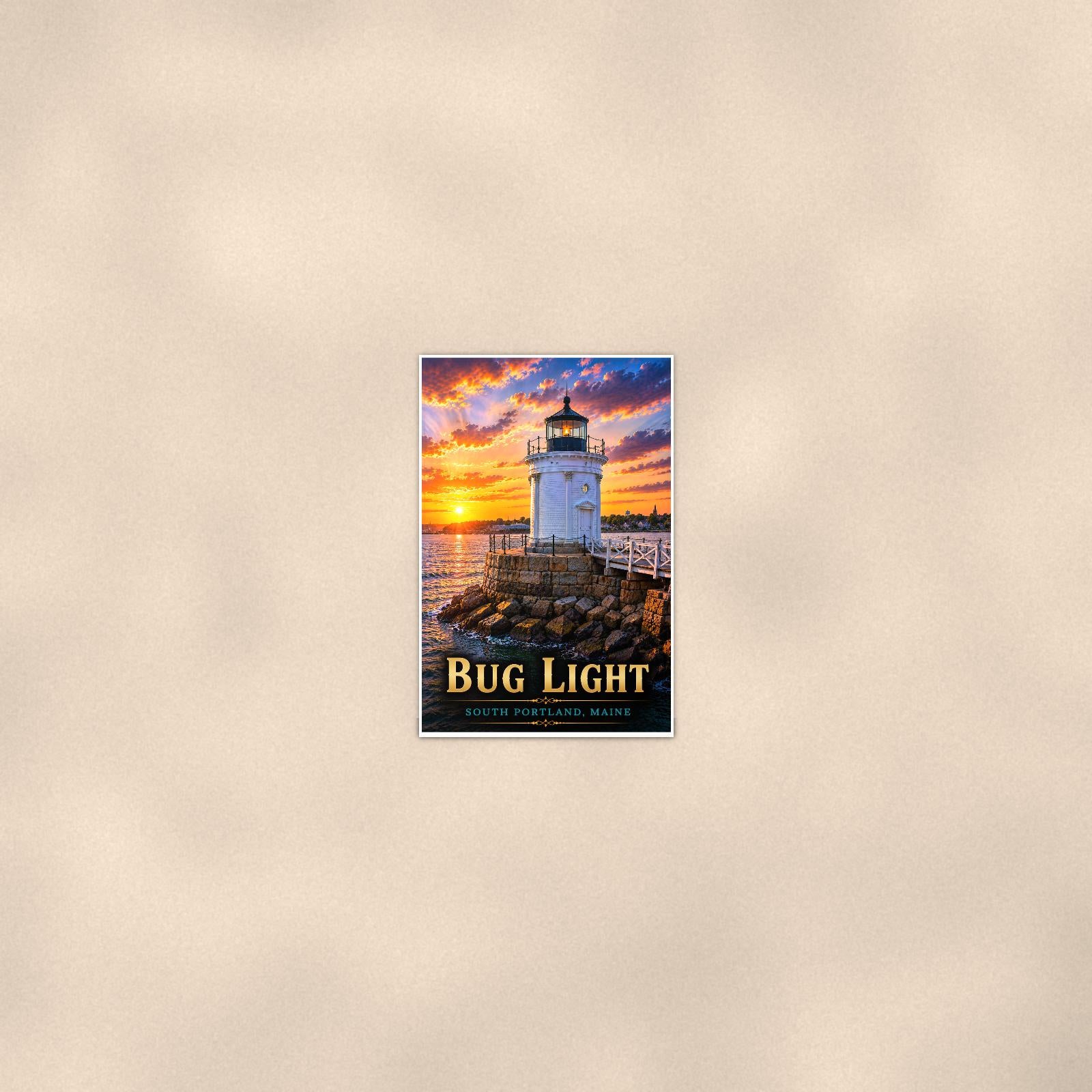 Coastal lighthouse at sunset — 24x36 in art print poster, premium luster paper with a white border; poster seen from further back, at true 24x36 in scale on a warm wall.