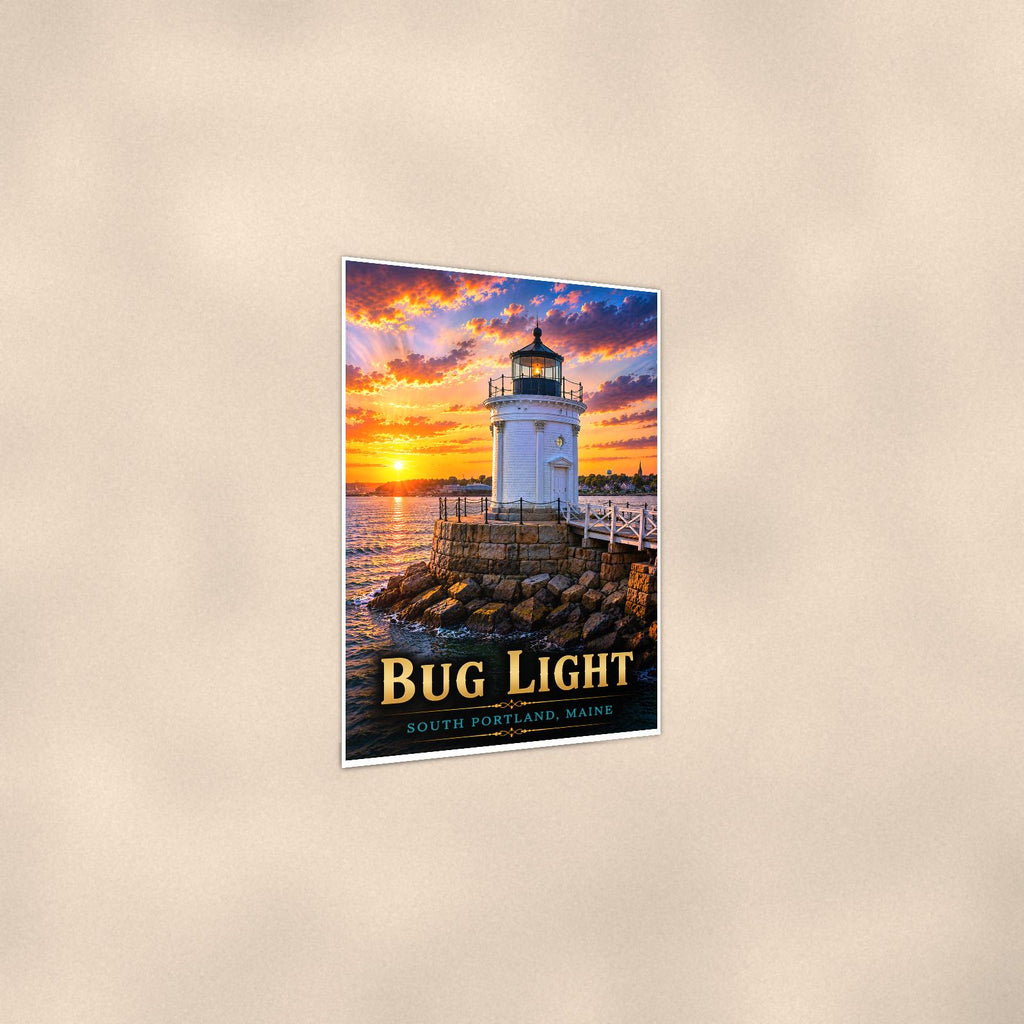 Coastal lighthouse at sunset — 24x36 in art print poster, premium luster paper with a white border; gentle three-quarter angle on a warm wall, showing the flat paper edge.