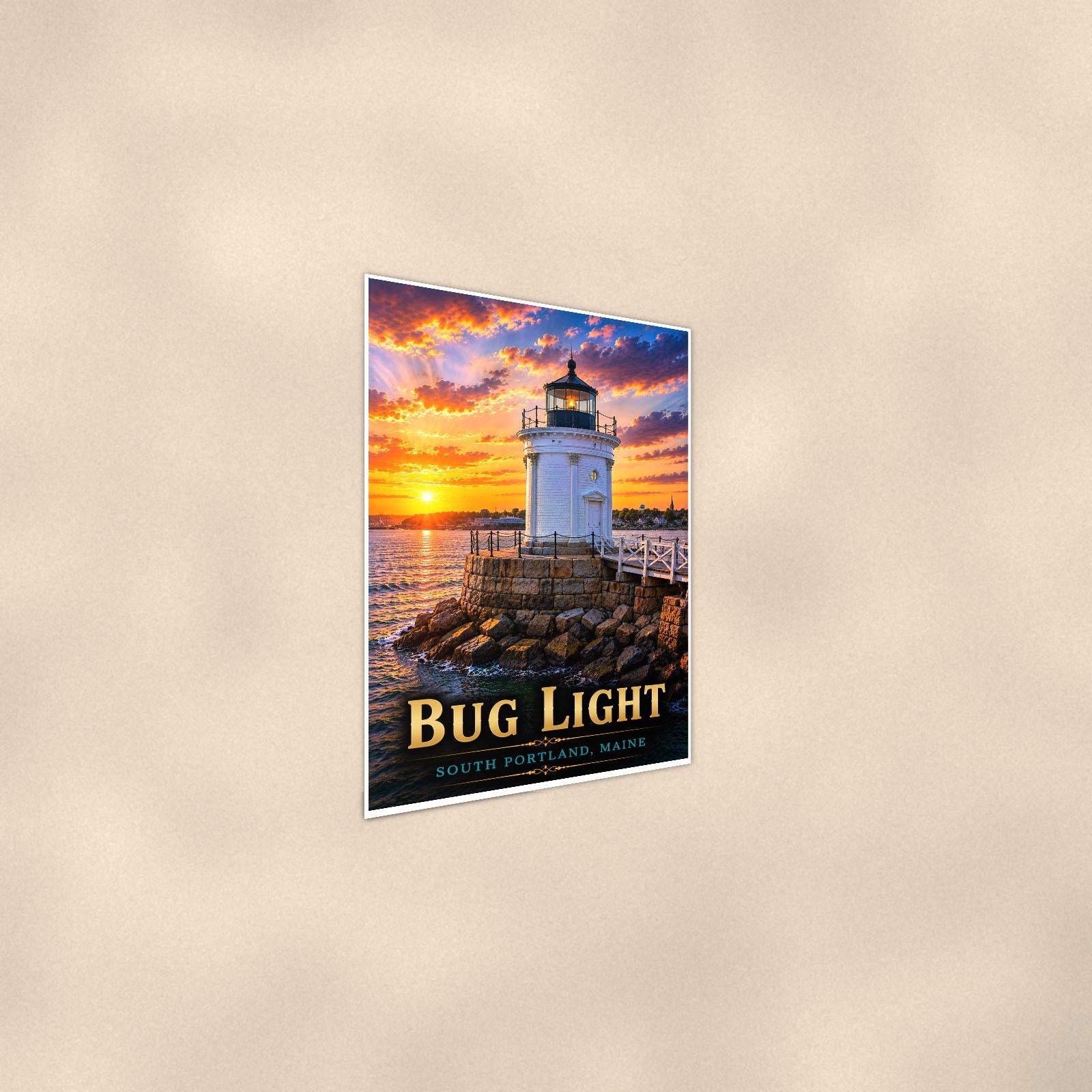 Coastal lighthouse at sunset — 24x36 in art print poster, premium luster paper with a white border; steeper three-quarter angle on a warm wall, catching the luster sheen.