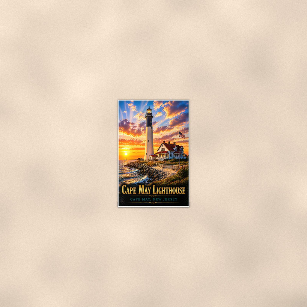 Coastal lighthouse at sunset — 24x36 in art print poster, premium luster paper with a white border; poster seen from further back, at true 24x36 in scale on a warm wall.