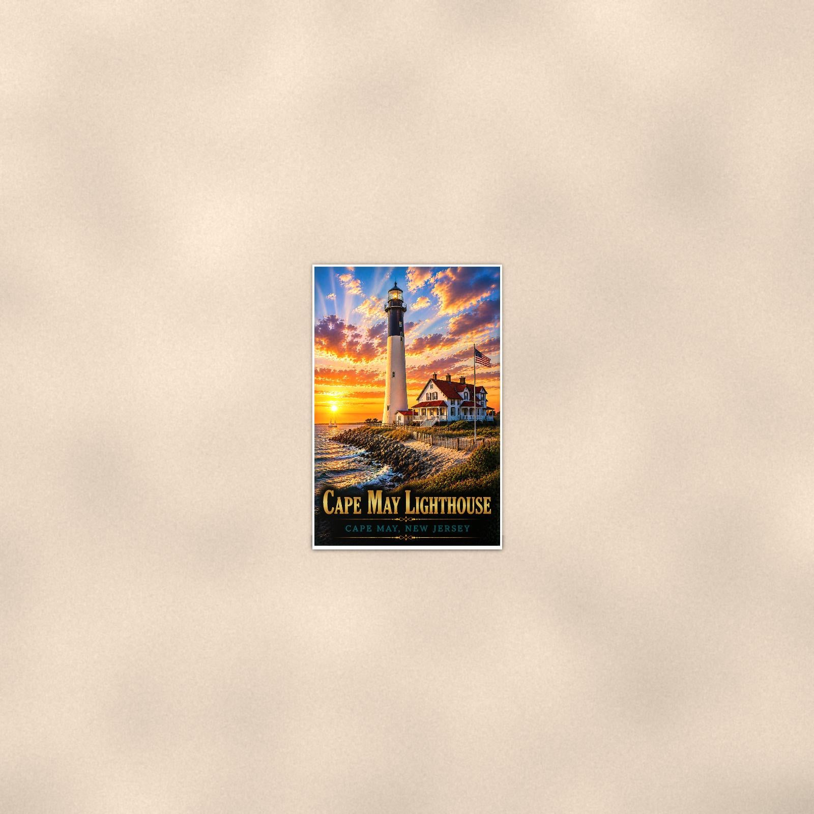 Coastal lighthouse at sunset — 24x36 in art print poster, premium luster paper with a white border; poster seen from further back, at true 24x36 in scale on a warm wall.