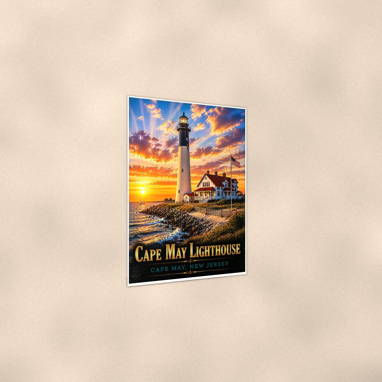 Coastal lighthouse at sunset — 24x36 in art print poster, premium luster paper with a white border; gentle three-quarter angle on a warm wall, showing the flat paper edge.