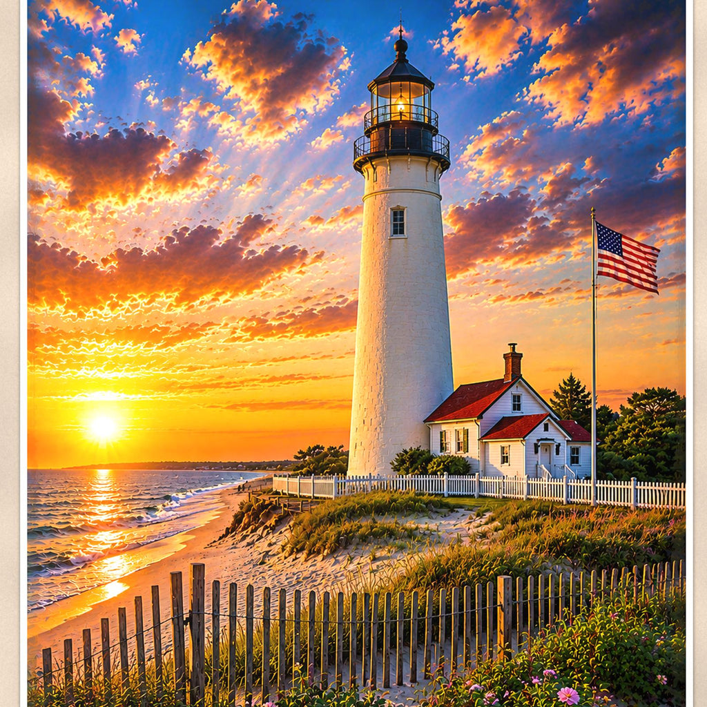 Coastal lighthouse at sunset — 24x36 in art print poster, premium luster paper with a white border; close-up framed on the main subject of the artwork, paper surface visible.