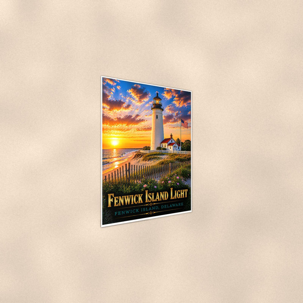 Coastal lighthouse at sunset — 24x36 in art print poster, premium luster paper with a white border; steeper three-quarter angle on a warm wall, catching the luster sheen.