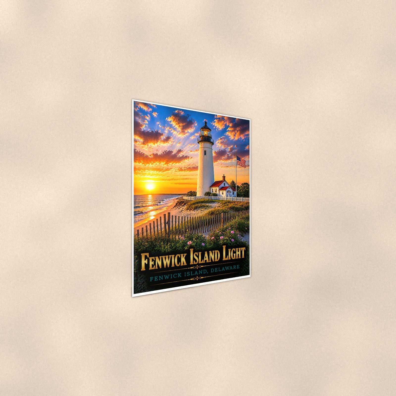 Coastal lighthouse at sunset — 24x36 in art print poster, premium luster paper with a white border; steeper three-quarter angle on a warm wall, catching the luster sheen.