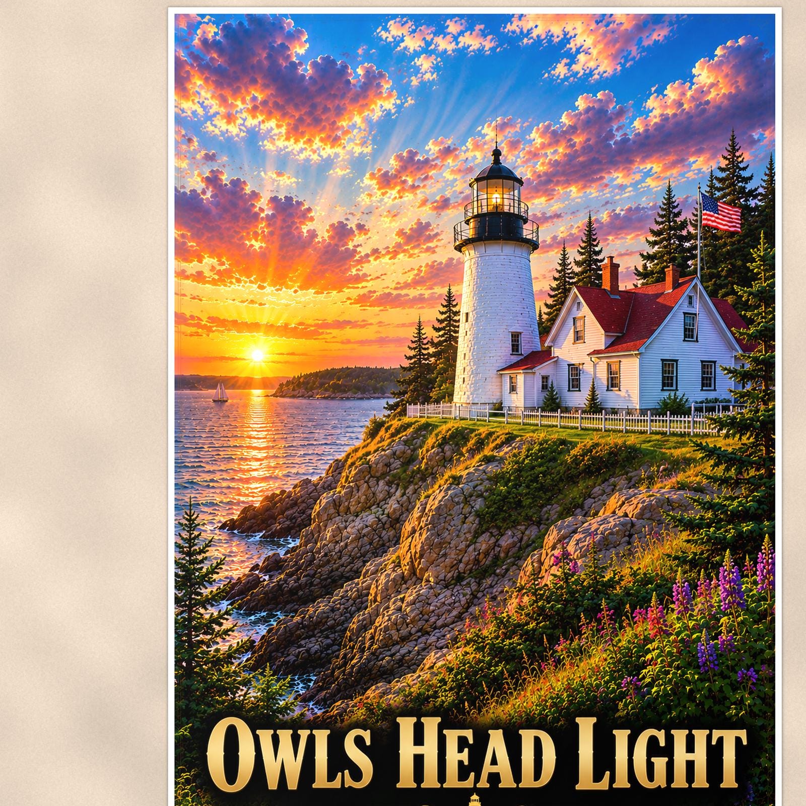 Coastal lighthouse at sunset — 24x36 in art print poster, premium luster paper with a white border; close-up framed on the main subject of the artwork, paper surface visible.