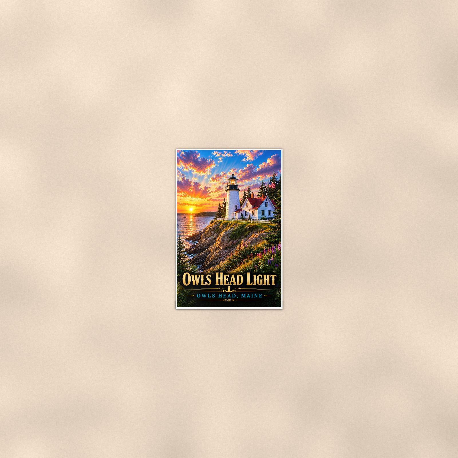Coastal lighthouse at sunset — 24x36 in art print poster, premium luster paper with a white border; poster seen from further back, at true 24x36 in scale on a warm wall.