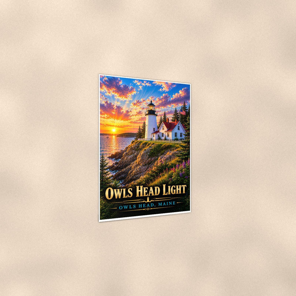 Coastal lighthouse at sunset — 24x36 in art print poster, premium luster paper with a white border; gentle three-quarter angle on a warm wall, showing the flat paper edge.