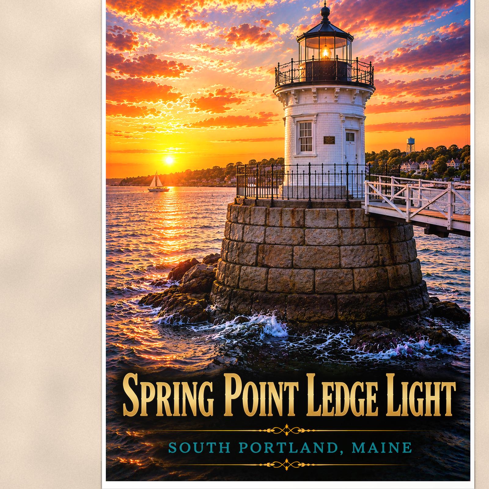 Coastal lighthouse at sunset — 24x36 in art print poster, premium luster paper with a white border; close-up framed on the main subject of the artwork, paper surface visible.