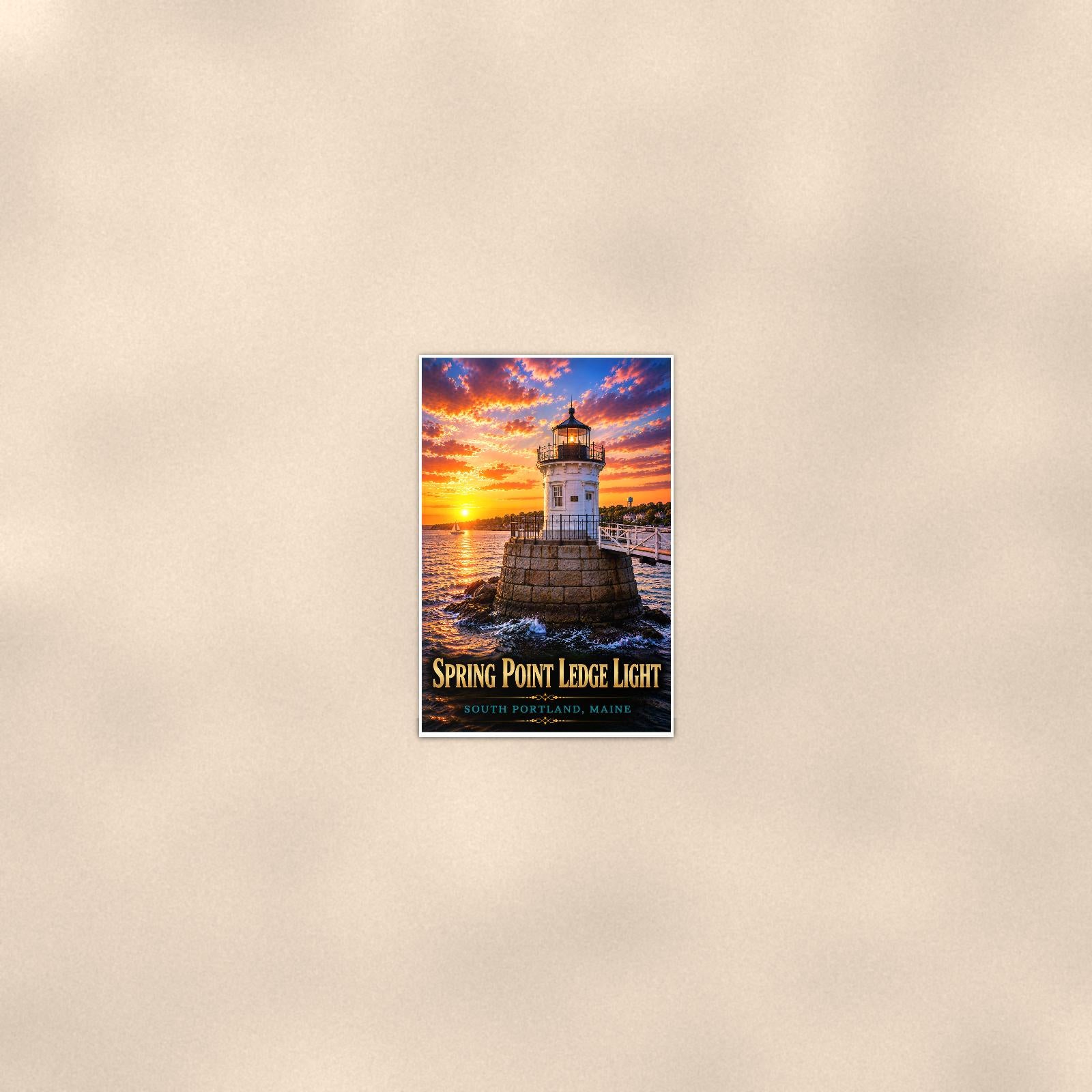 Coastal lighthouse at sunset — 24x36 in art print poster, premium luster paper with a white border; poster seen from further back, at true 24x36 in scale on a warm wall.