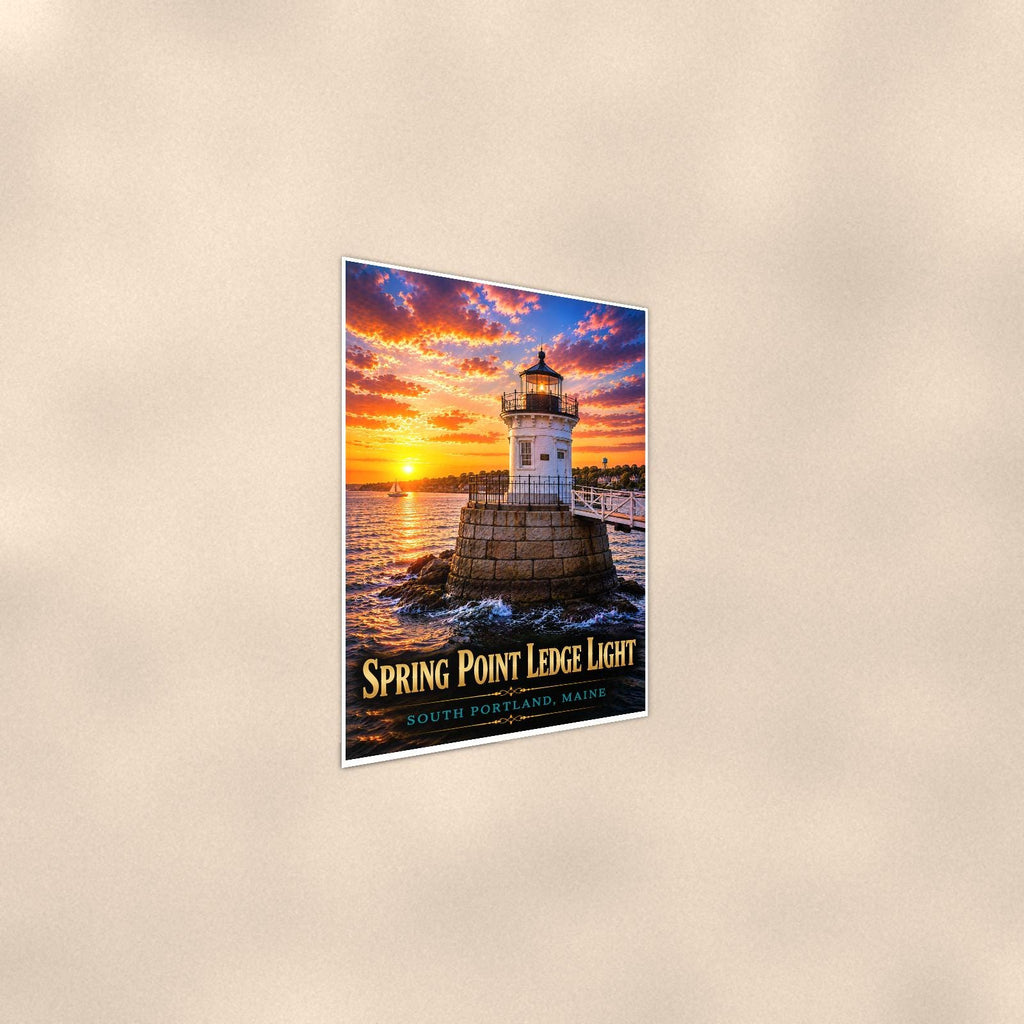 Coastal lighthouse at sunset — 24x36 in art print poster, premium luster paper with a white border; steeper three-quarter angle on a warm wall, catching the luster sheen.