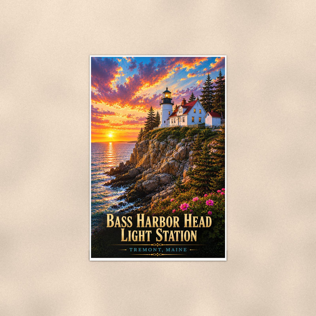 Coastal lighthouse at sunset — 24x36 in art print poster, premium luster paper with a white border; poster shown straight on against a warm wall.