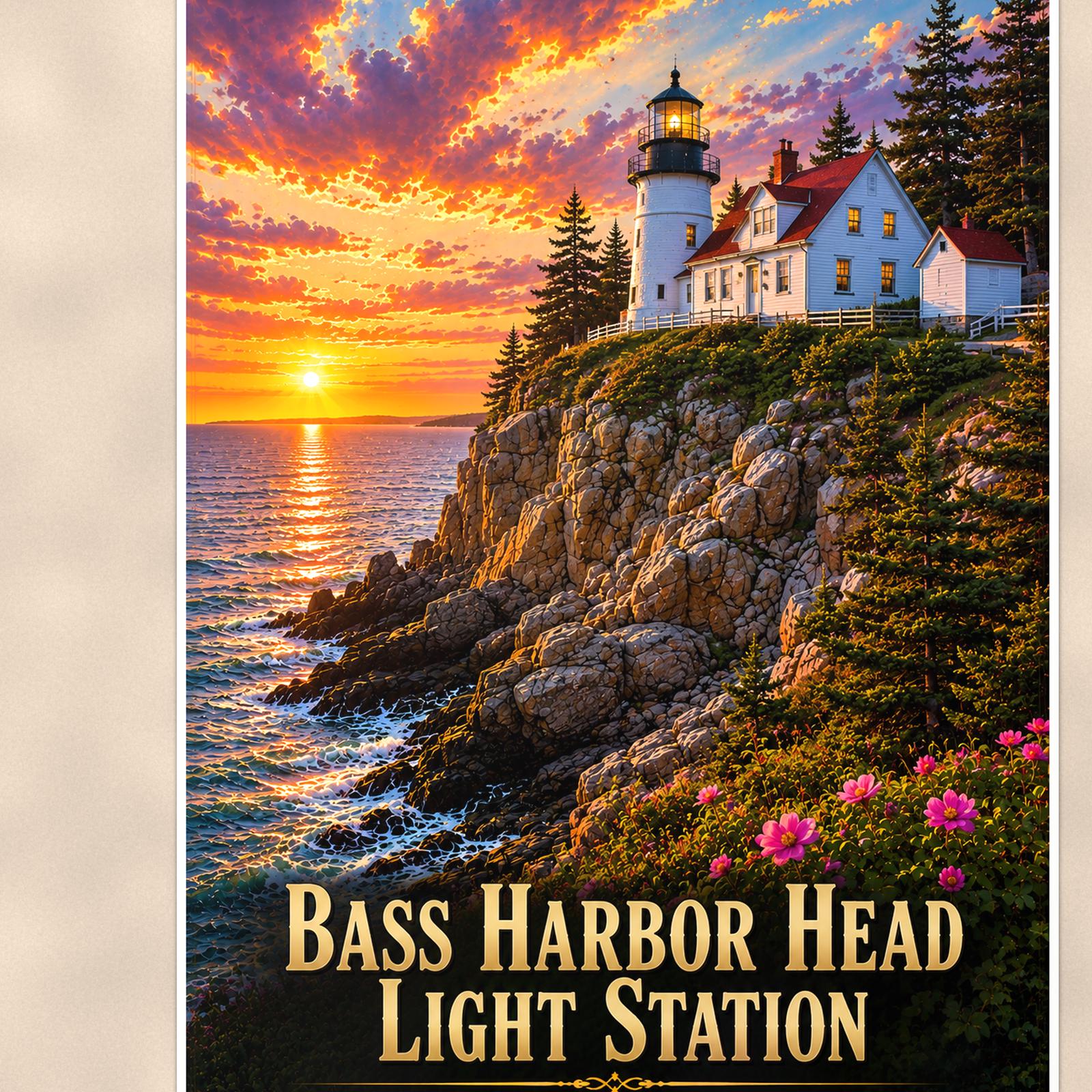 Coastal lighthouse at sunset — 24x36 in art print poster, premium luster paper with a white border; close-up framed on the main subject of the artwork, paper surface visible.