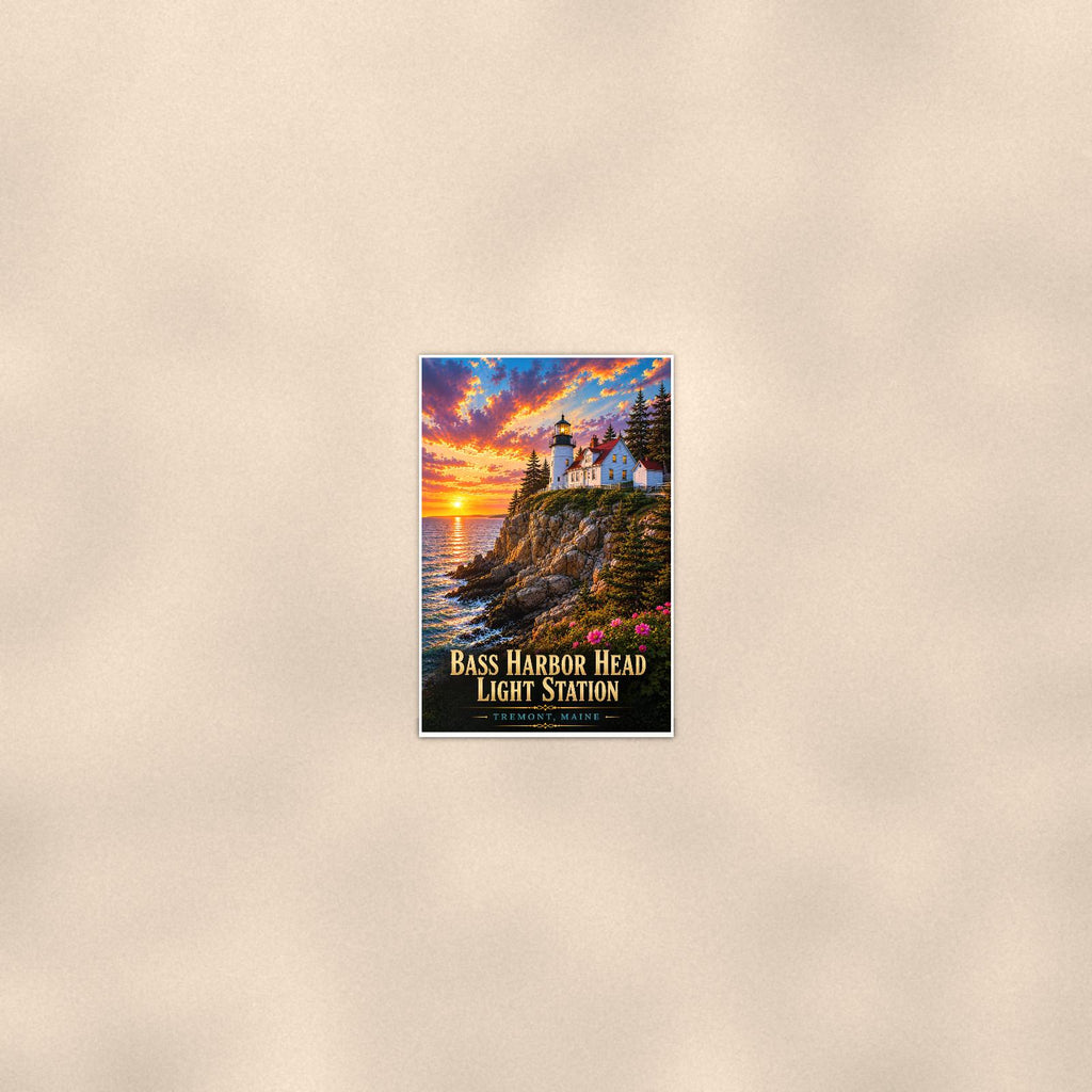 Coastal lighthouse at sunset — 24x36 in art print poster, premium luster paper with a white border; poster seen from further back, at true 24x36 in scale on a warm wall.