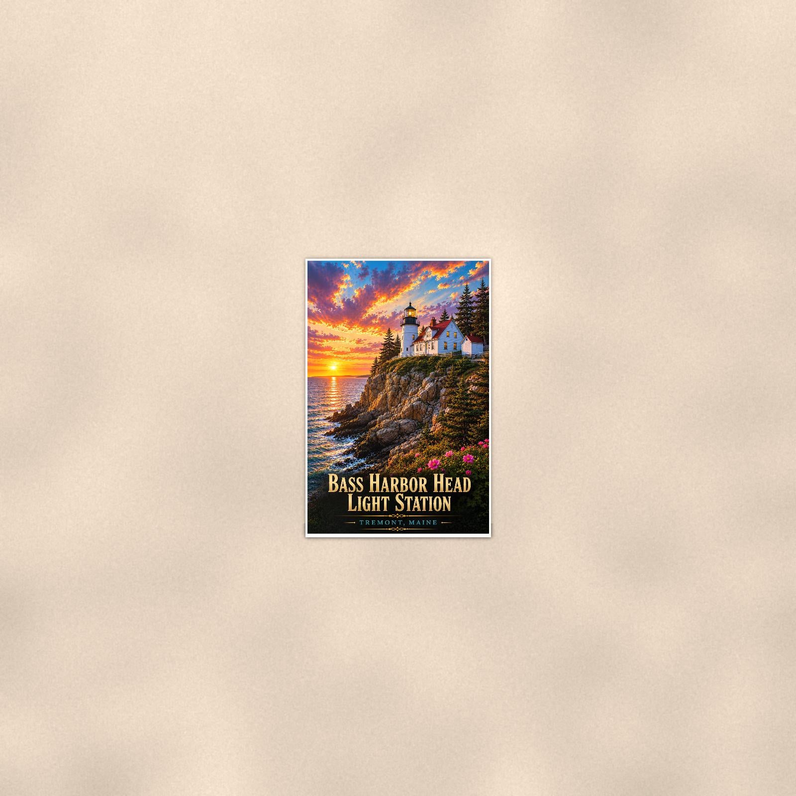 Coastal lighthouse at sunset — 24x36 in art print poster, premium luster paper with a white border; poster seen from further back, at true 24x36 in scale on a warm wall.