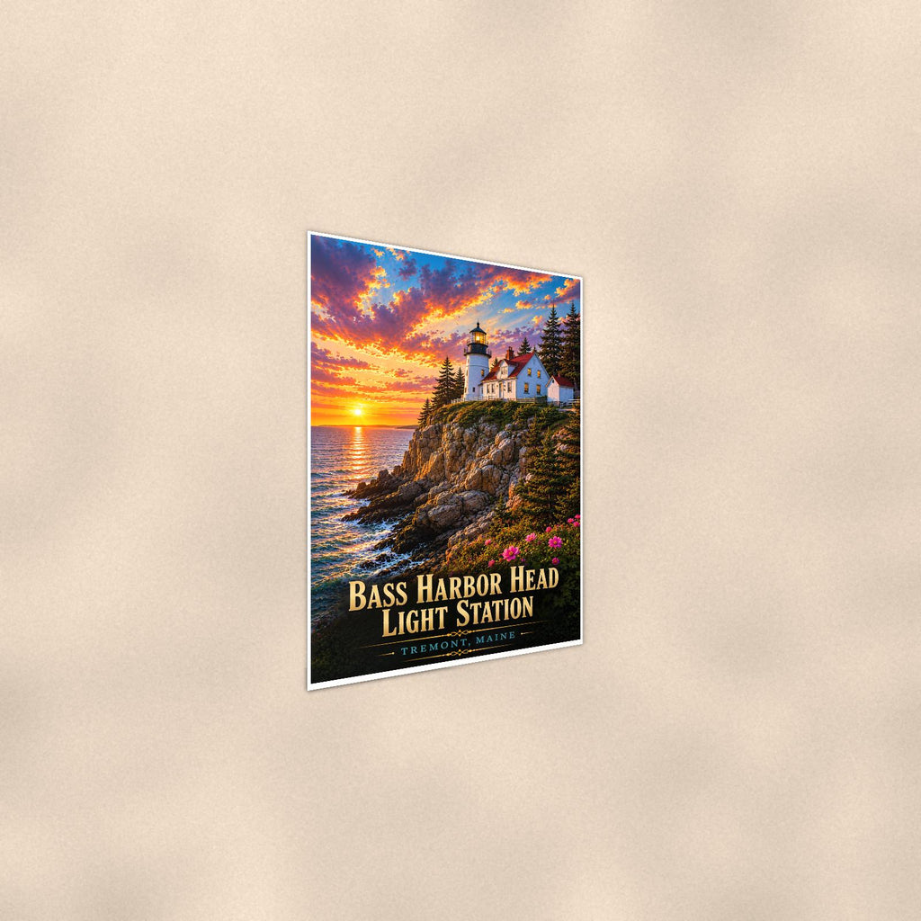 Coastal lighthouse at sunset — 24x36 in art print poster, premium luster paper with a white border; steeper three-quarter angle on a warm wall, catching the luster sheen.