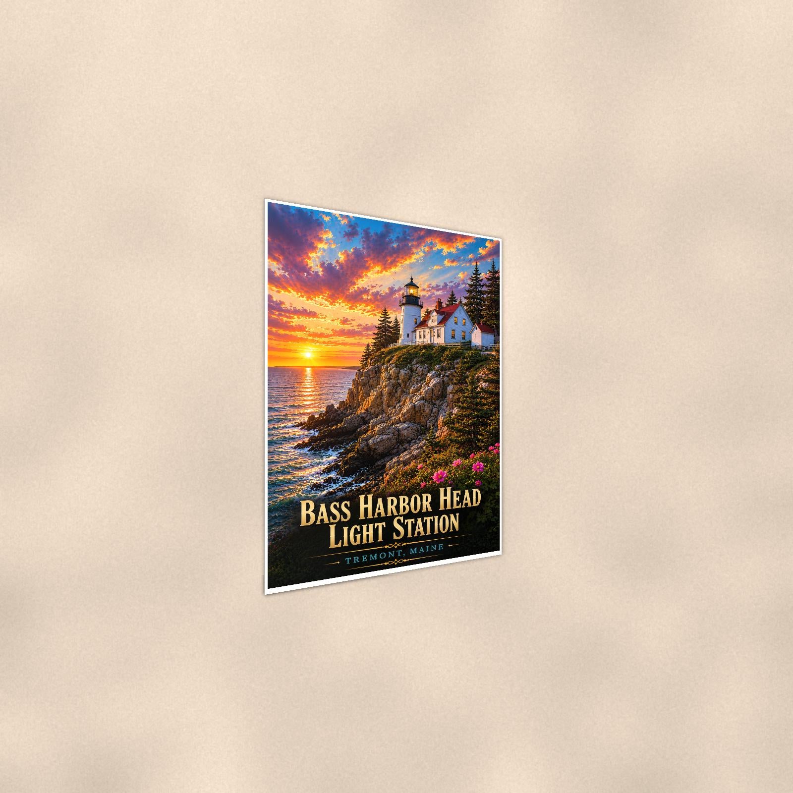 Coastal lighthouse at sunset — 24x36 in art print poster, premium luster paper with a white border; steeper three-quarter angle on a warm wall, catching the luster sheen.