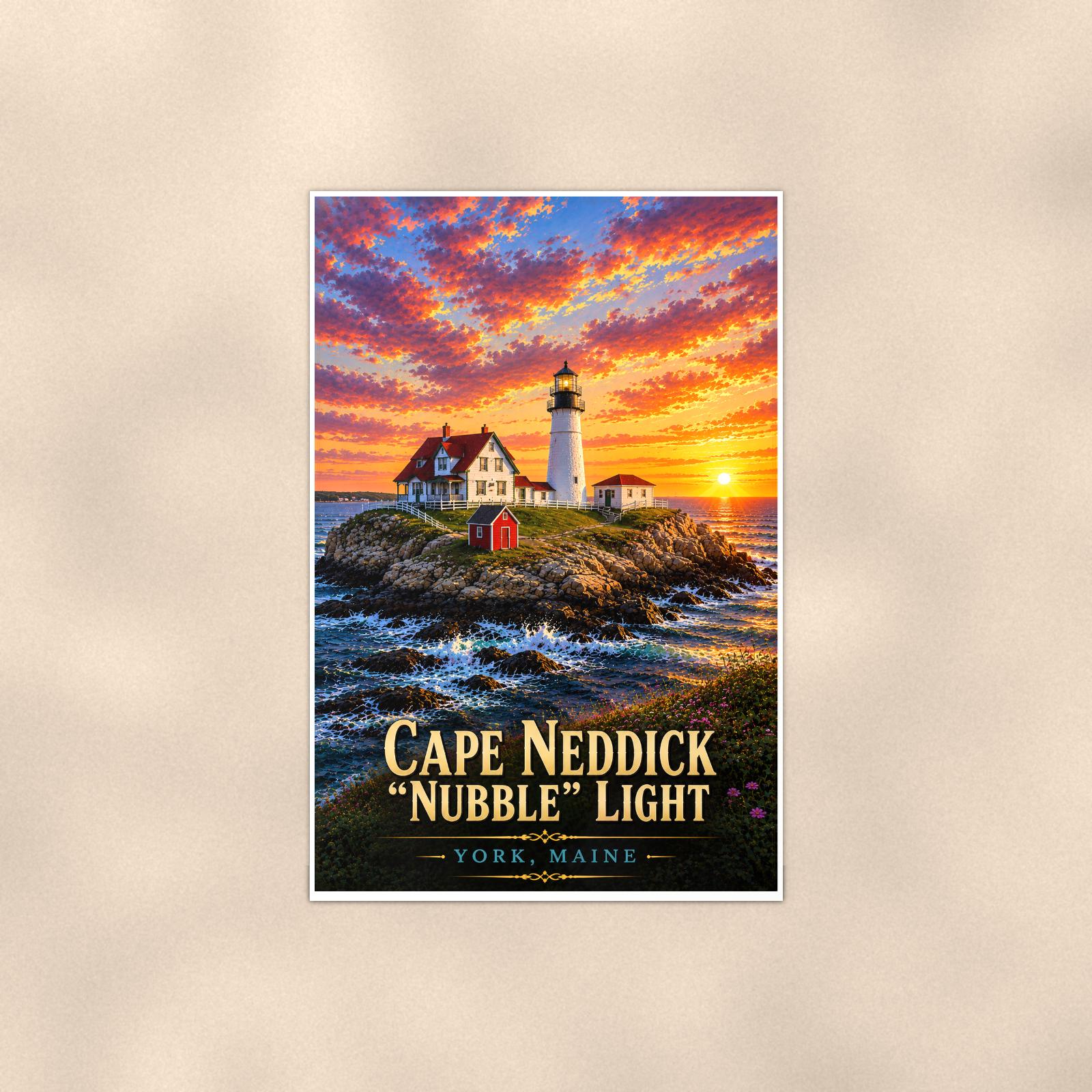 Coastal lighthouse at sunset — 24x36 in art print poster, premium luster paper with a white border; poster shown straight on against a warm wall.
