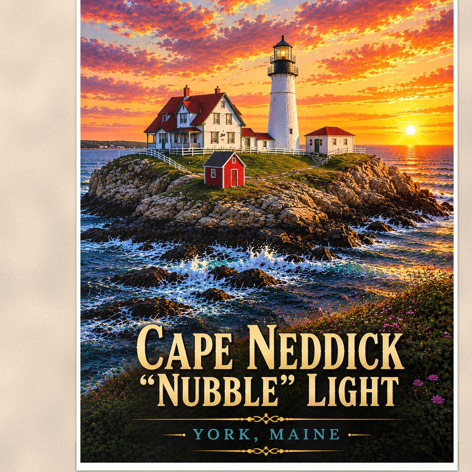 Coastal lighthouse at sunset — 24x36 in art print poster, premium luster paper with a white border; close-up framed on the main subject of the artwork, paper surface visible.