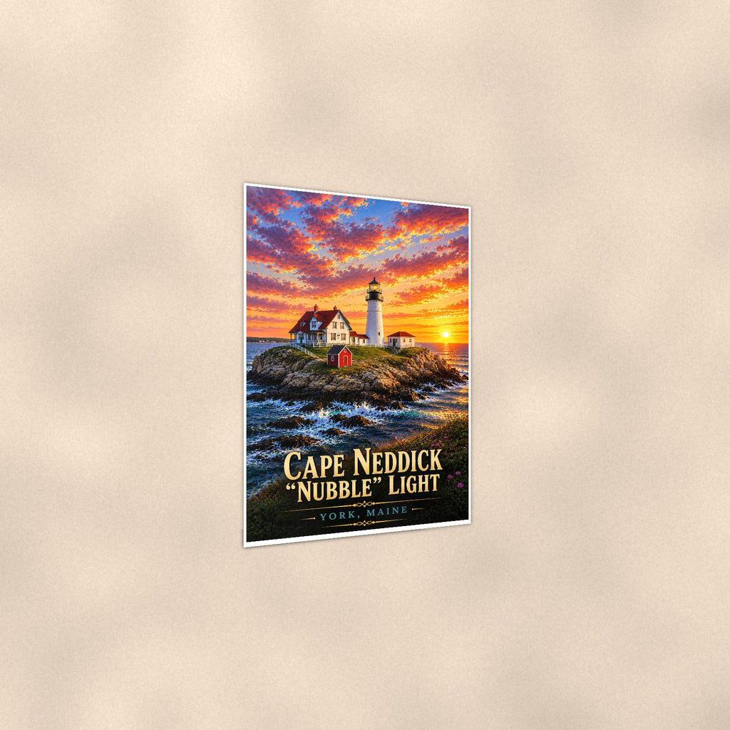 Coastal lighthouse at sunset — 24x36 in art print poster, premium luster paper with a white border; gentle three-quarter angle on a warm wall, showing the flat paper edge.