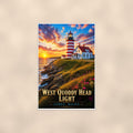 Coastal lighthouse at sunset — 24x36 in art print poster, premium luster paper with a white border; poster shown straight on against a warm wall.