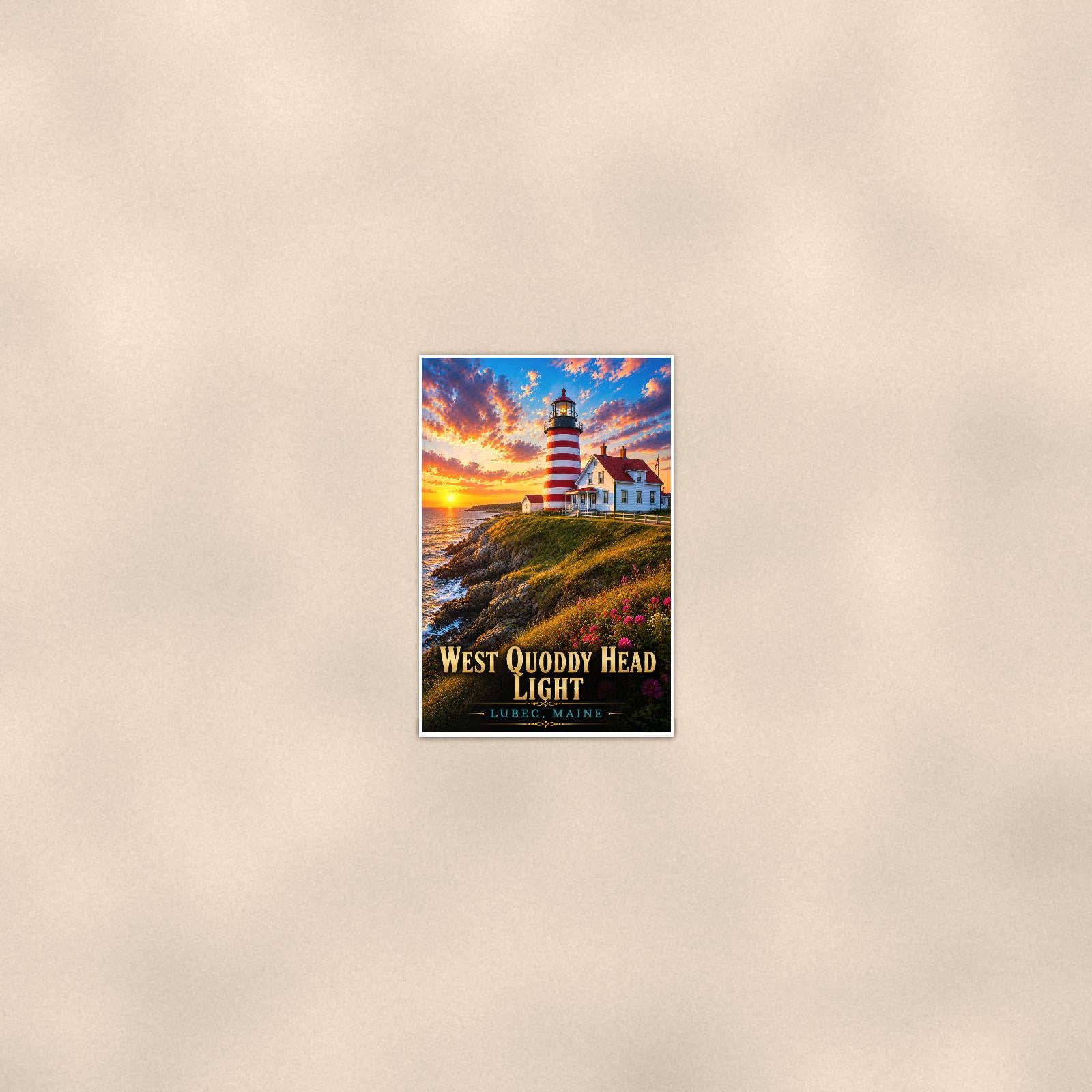 Coastal lighthouse at sunset — 24x36 in art print poster, premium luster paper with a white border; poster seen from further back, at true 24x36 in scale on a warm wall.