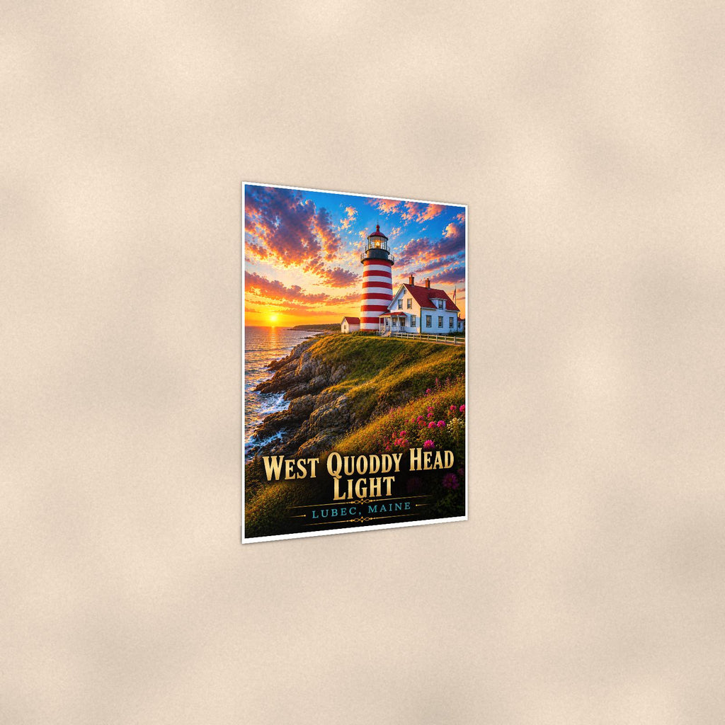 Coastal lighthouse at sunset — 24x36 in art print poster, premium luster paper with a white border; gentle three-quarter angle on a warm wall, showing the flat paper edge.
