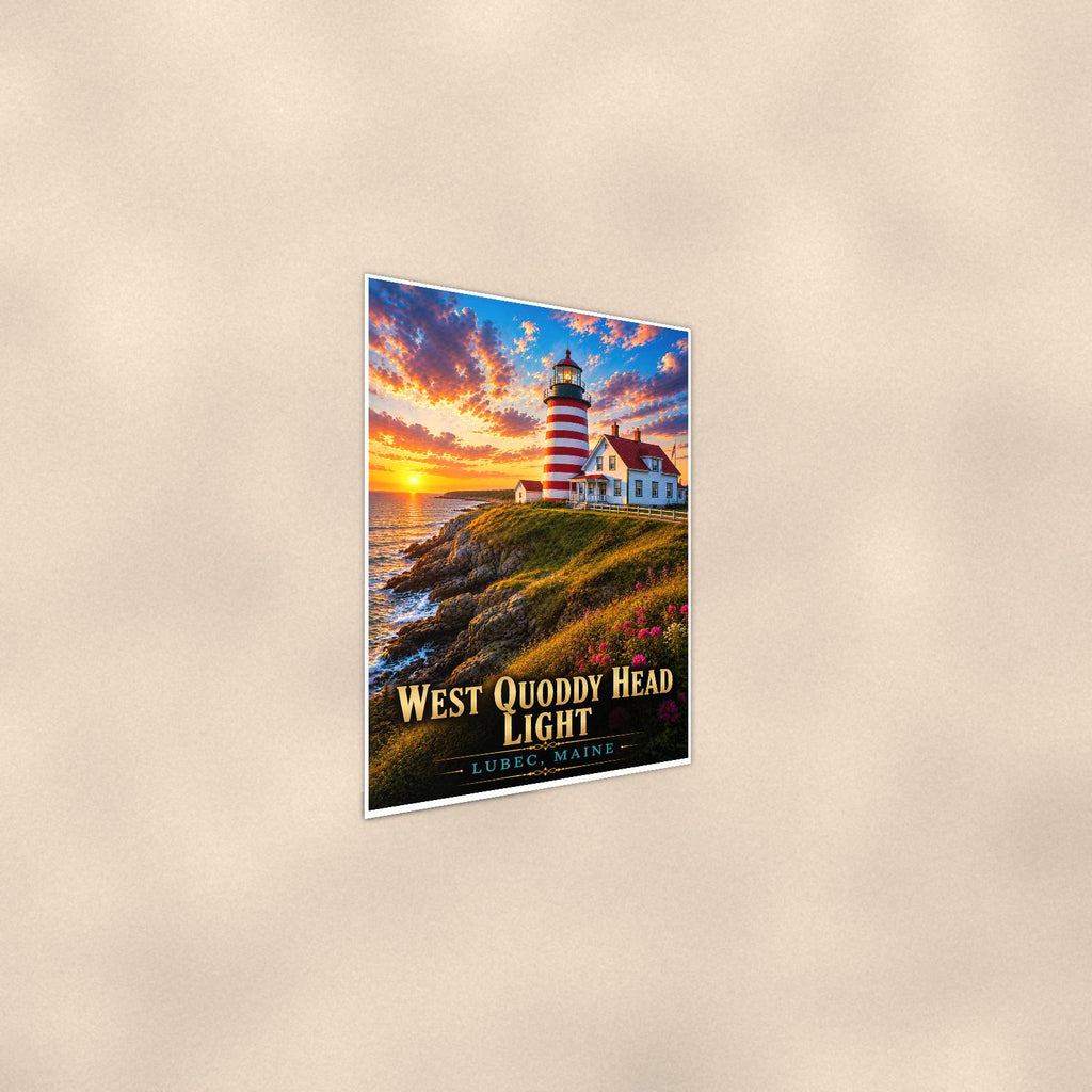Coastal lighthouse at sunset — 24x36 in art print poster, premium luster paper with a white border; steeper three-quarter angle on a warm wall, catching the luster sheen.