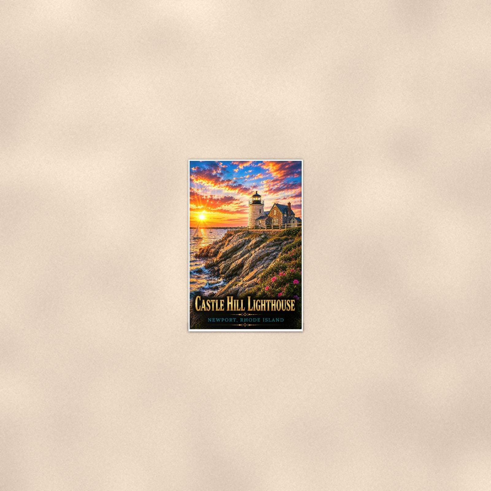 Coastal lighthouse at sunset — 24x36 in art print poster, premium luster paper with a white border; poster seen from further back, at true 24x36 in scale on a warm wall.