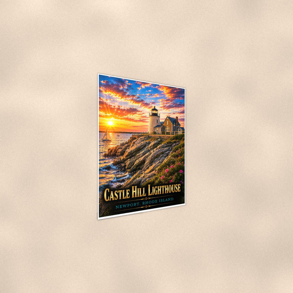 Coastal lighthouse at sunset — 24x36 in art print poster, premium luster paper with a white border; steeper three-quarter angle on a warm wall, catching the luster sheen.