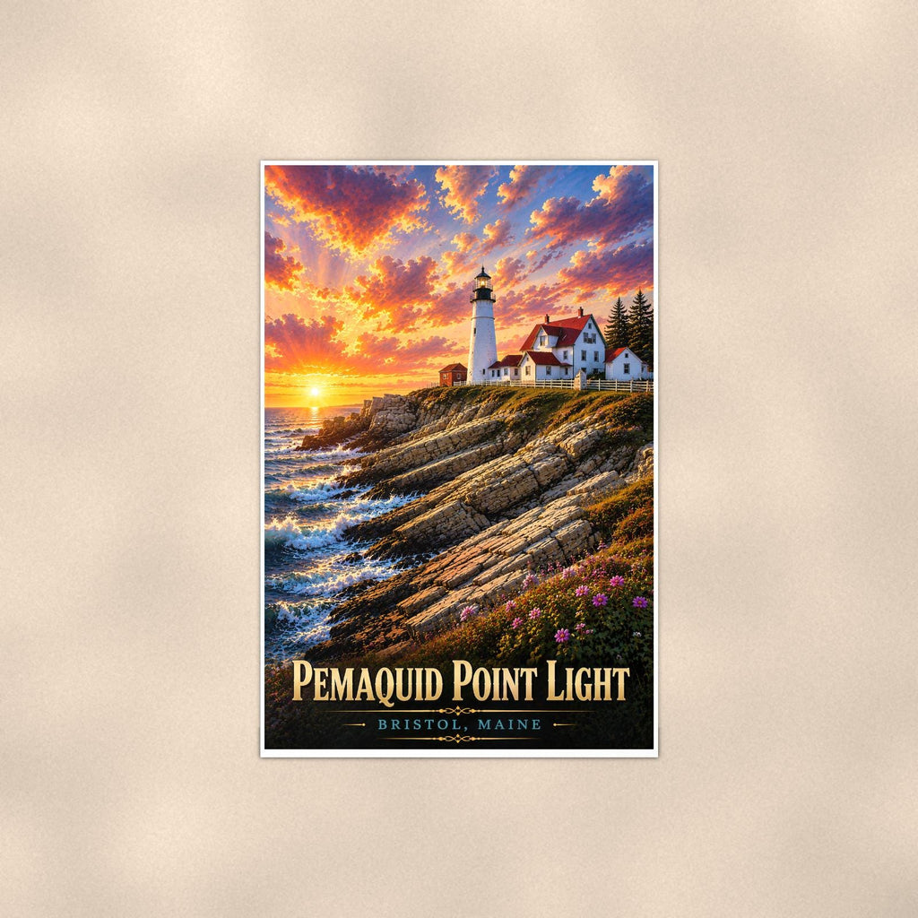 Coastal lighthouse at sunset — 24x36 in art print poster, premium luster paper with a white border; poster shown straight on against a warm wall.