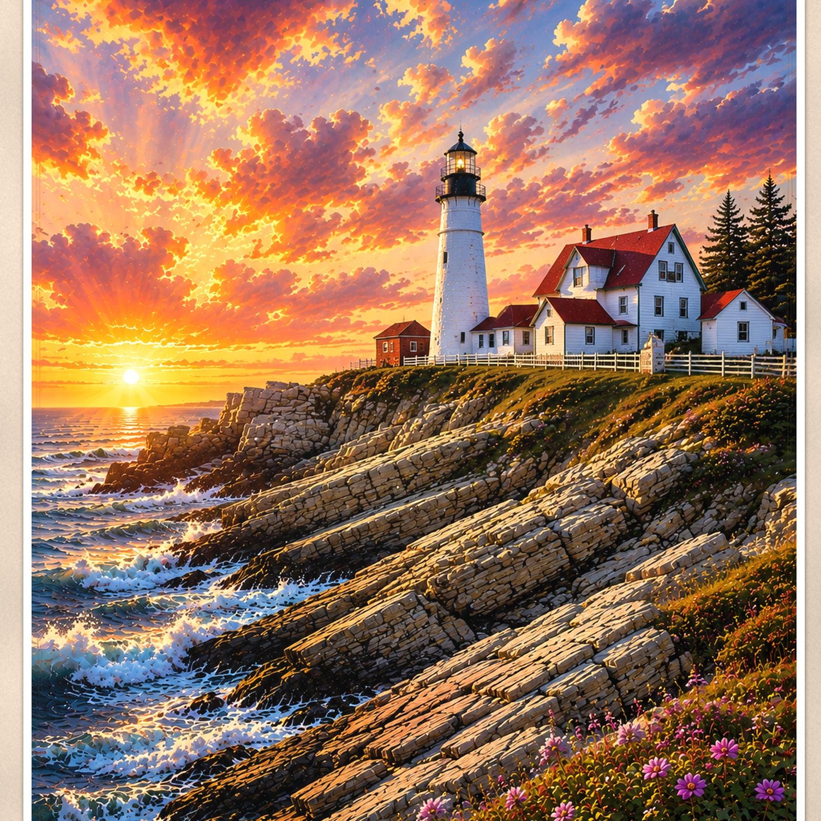 Coastal lighthouse at sunset — 24x36 in art print poster, premium luster paper with a white border; close-up framed on the main subject of the artwork, paper surface visible.