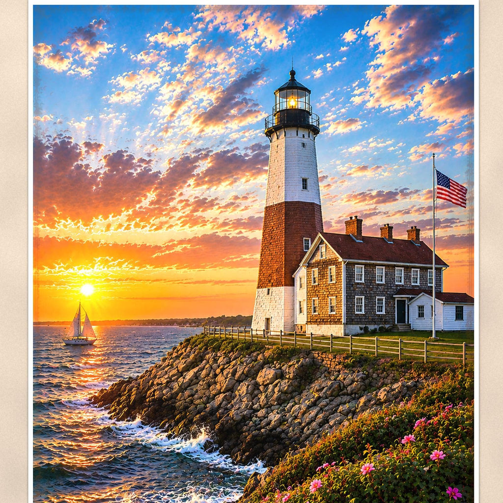Coastal lighthouse at sunset — 24x36 in art print poster, premium luster paper with a white border; close-up framed on the main subject of the artwork, paper surface visible.