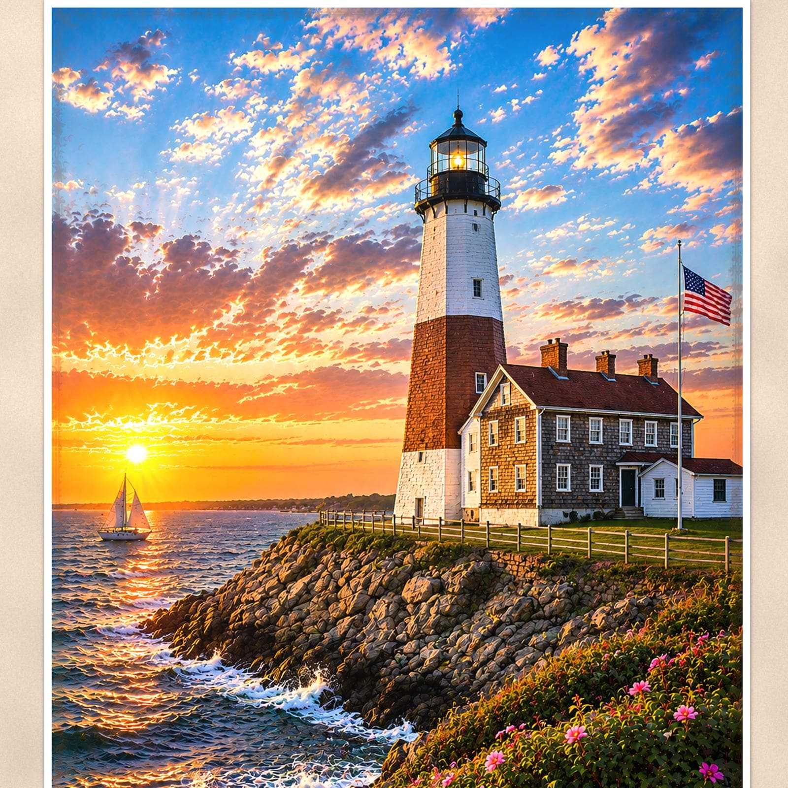 Coastal lighthouse at sunset — 24x36 in art print poster, premium luster paper with a white border; close-up framed on the main subject of the artwork, paper surface visible.