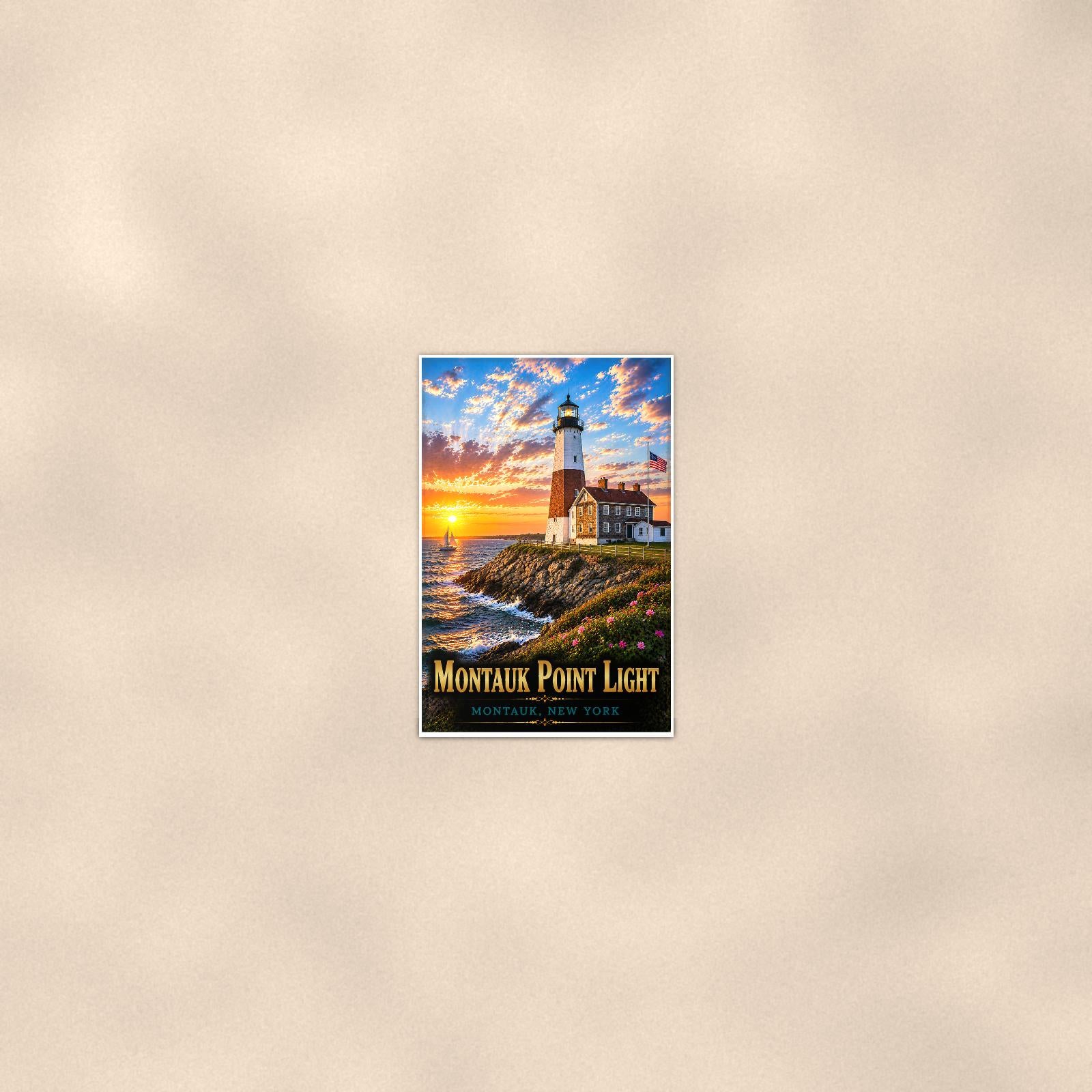 Coastal lighthouse at sunset — 24x36 in art print poster, premium luster paper with a white border; poster seen from further back, at true 24x36 in scale on a warm wall.