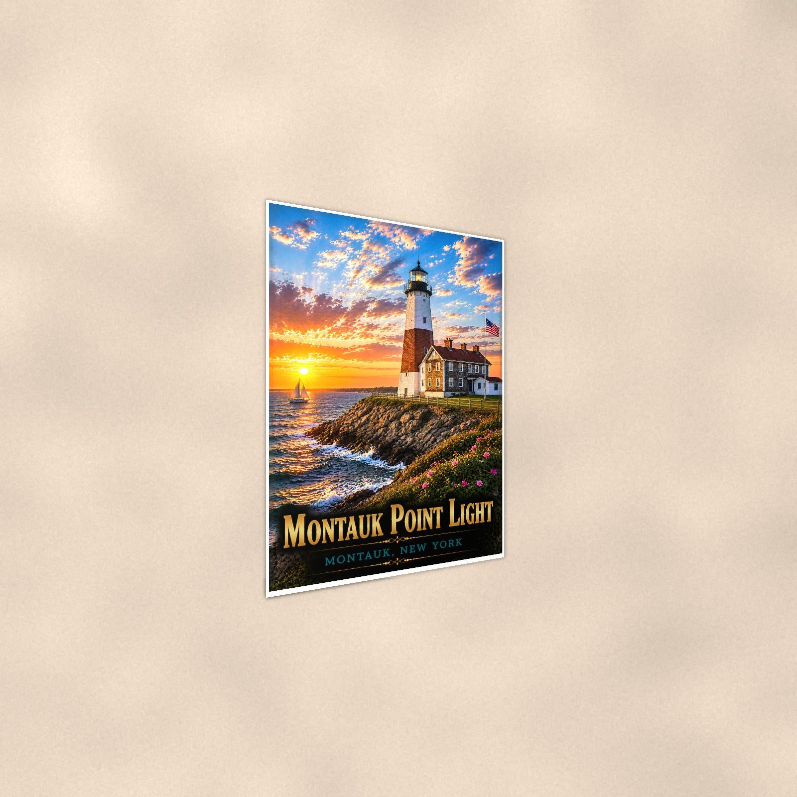 Coastal lighthouse at sunset — 24x36 in art print poster, premium luster paper with a white border; steeper three-quarter angle on a warm wall, catching the luster sheen.