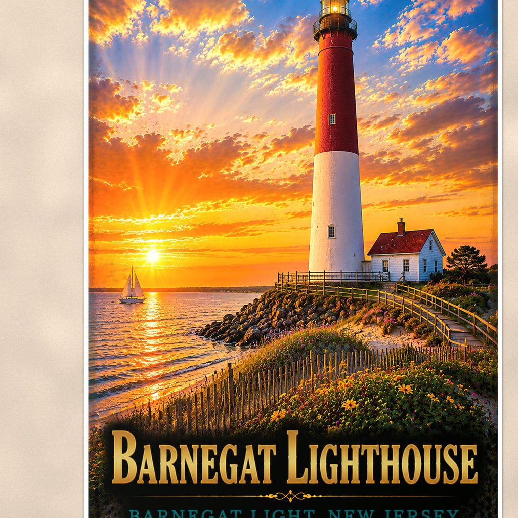 Coastal lighthouse at sunset — 24x36 in art print poster, premium luster paper with a white border; close-up framed on the main subject of the artwork, paper surface visible.