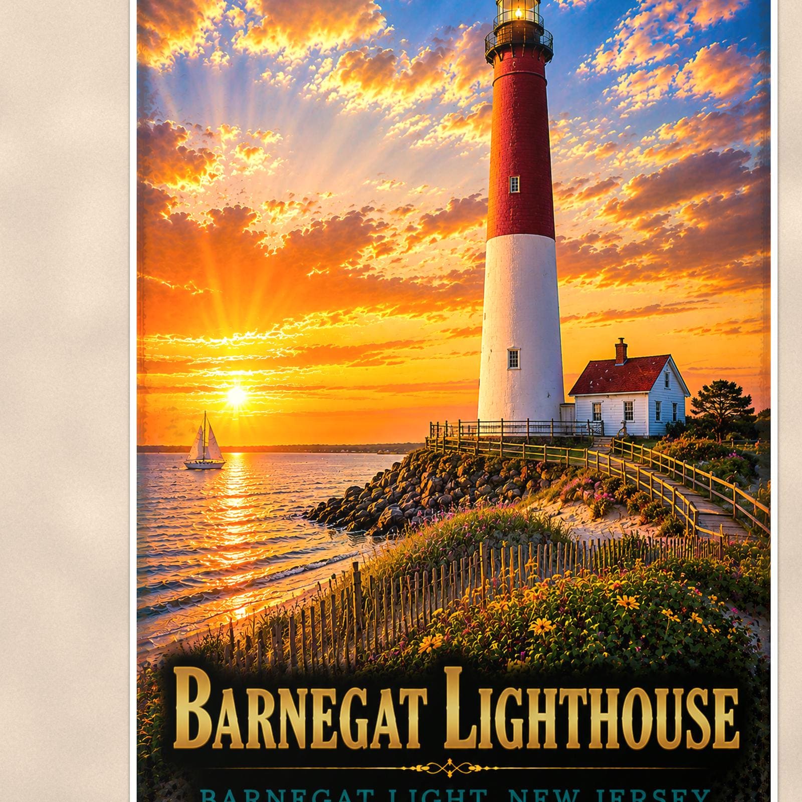 Coastal lighthouse at sunset — 24x36 in art print poster, premium luster paper with a white border; close-up framed on the main subject of the artwork, paper surface visible.