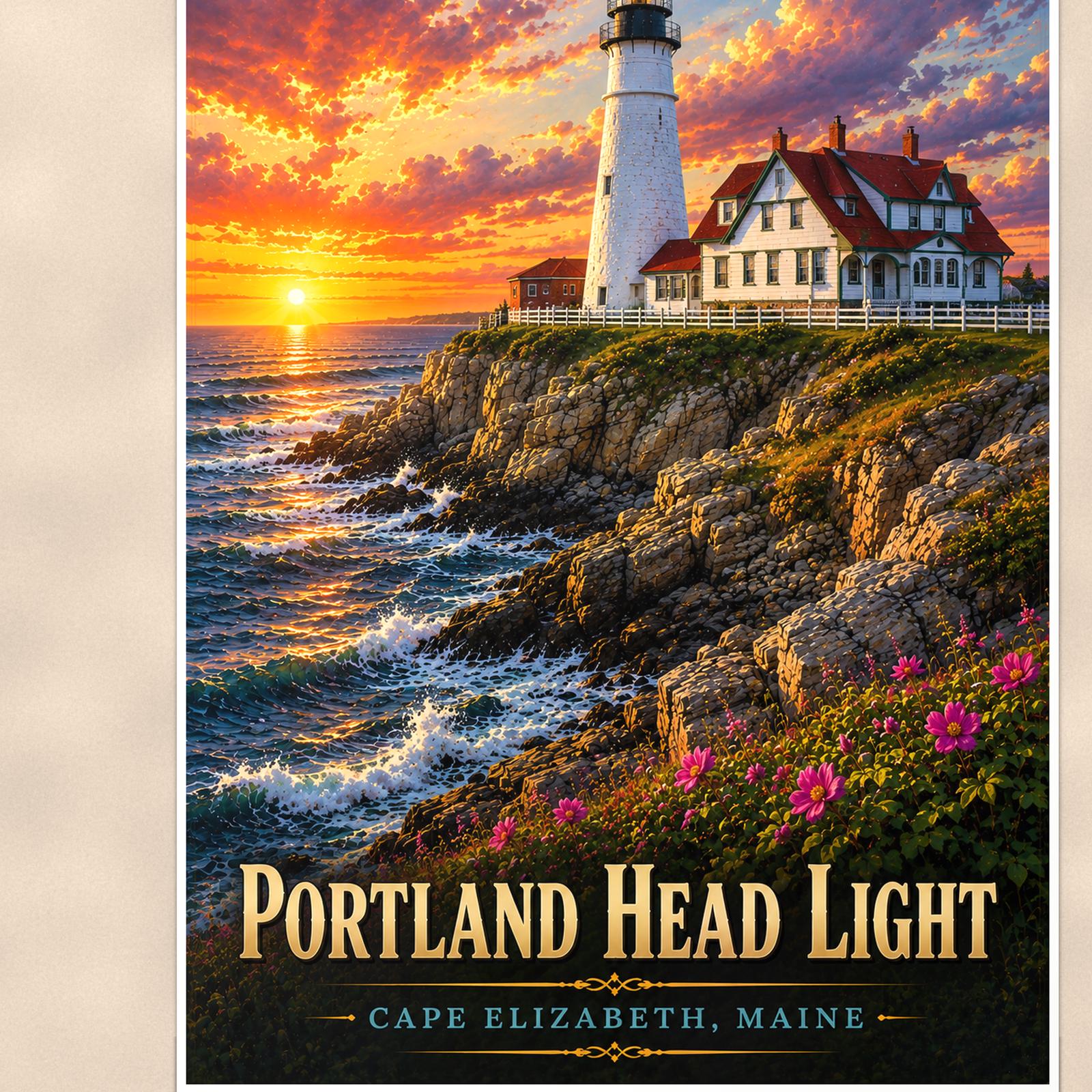 Coastal lighthouse at sunset — 24x36 in art print poster, premium luster paper with a white border; close-up framed on the main subject of the artwork, paper surface visible.