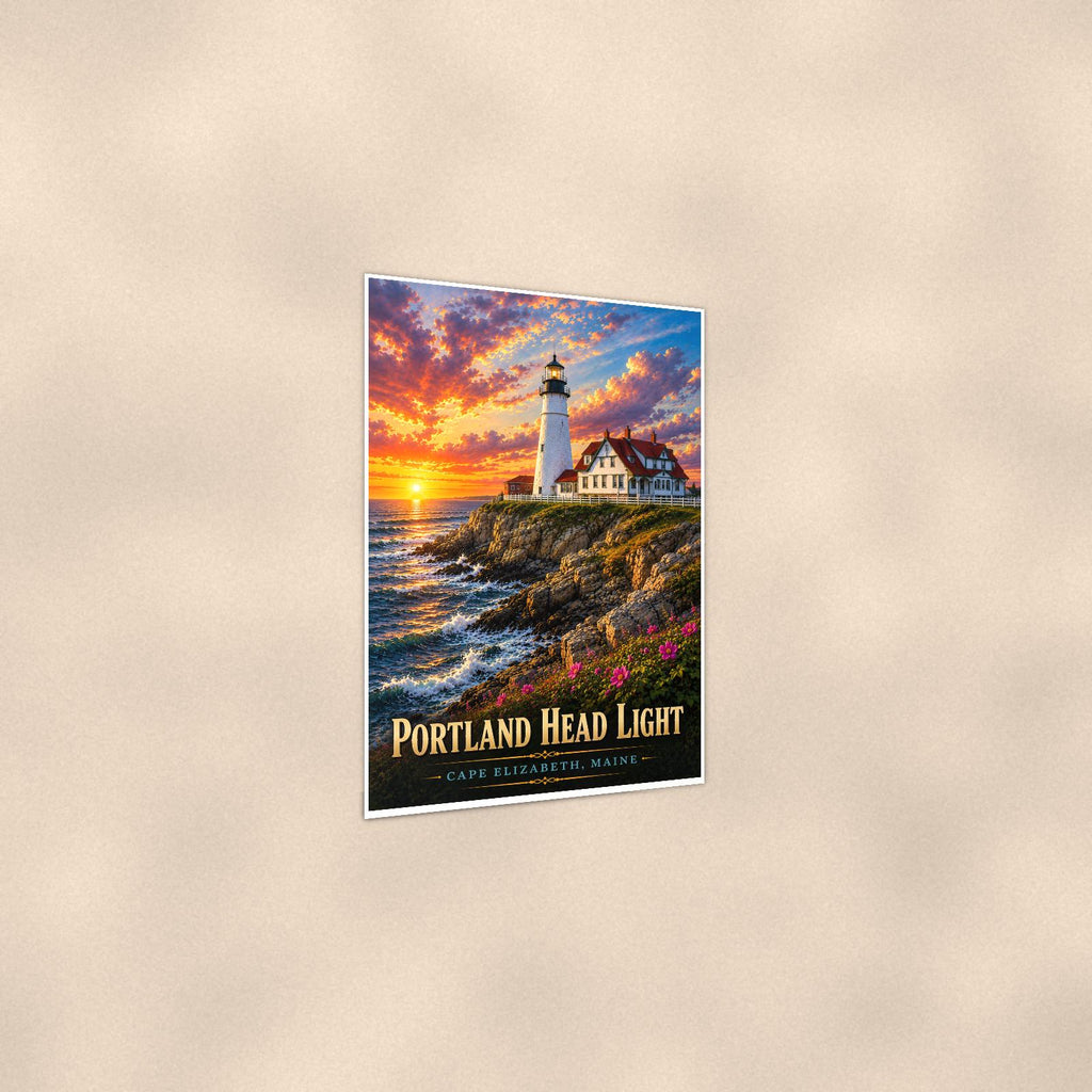 Coastal lighthouse at sunset — 24x36 in art print poster, premium luster paper with a white border; gentle three-quarter angle on a warm wall, showing the flat paper edge.