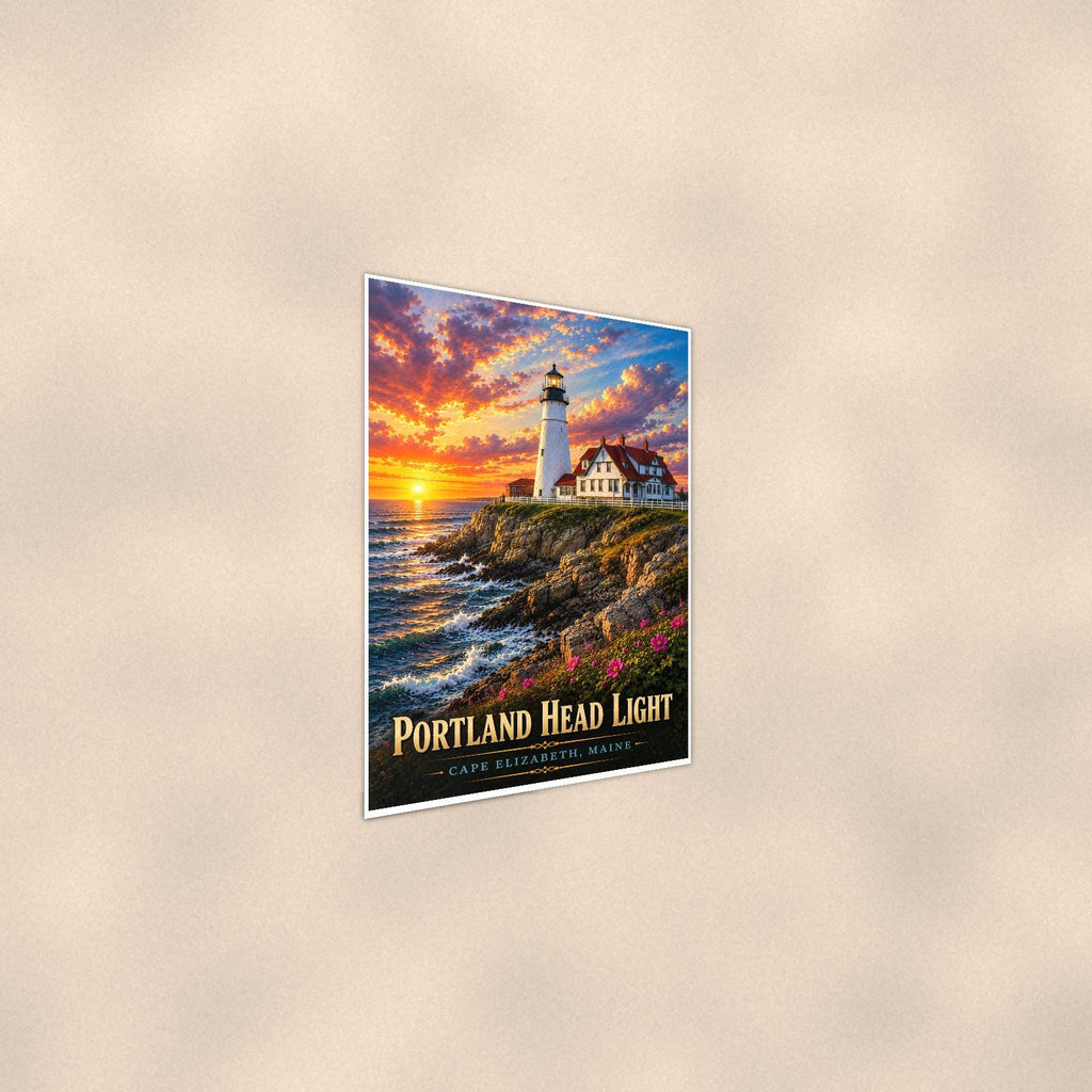 Coastal lighthouse at sunset — 24x36 in art print poster, premium luster paper with a white border; steeper three-quarter angle on a warm wall, catching the luster sheen.