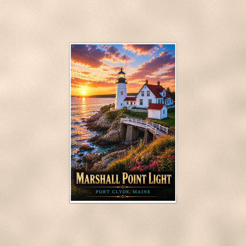 Coastal lighthouse at sunset — 24x36 in art print poster, premium luster paper with a white border; poster shown straight on against a warm wall.