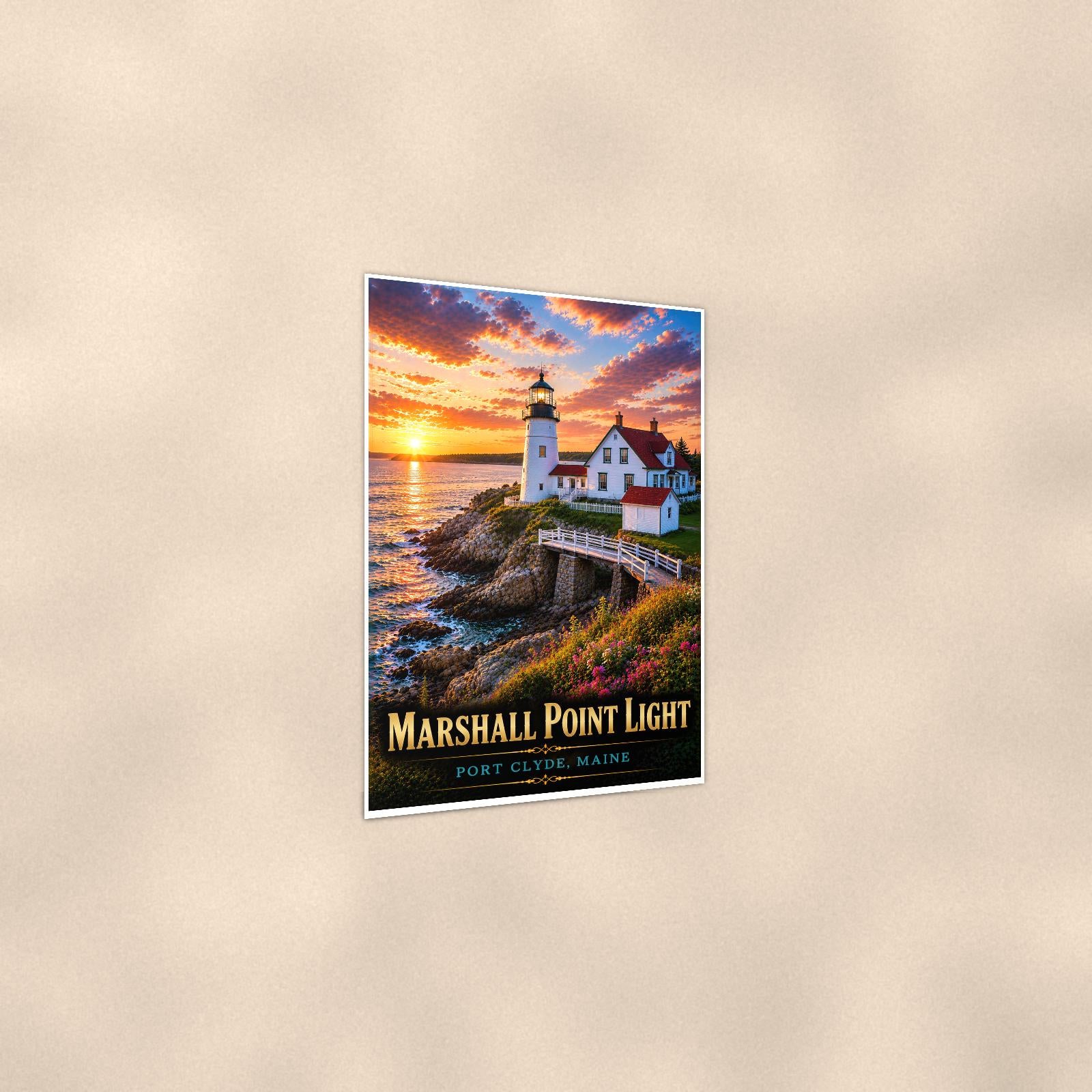 Coastal lighthouse at sunset — 24x36 in art print poster, premium luster paper with a white border; gentle three-quarter angle on a warm wall, showing the flat paper edge.