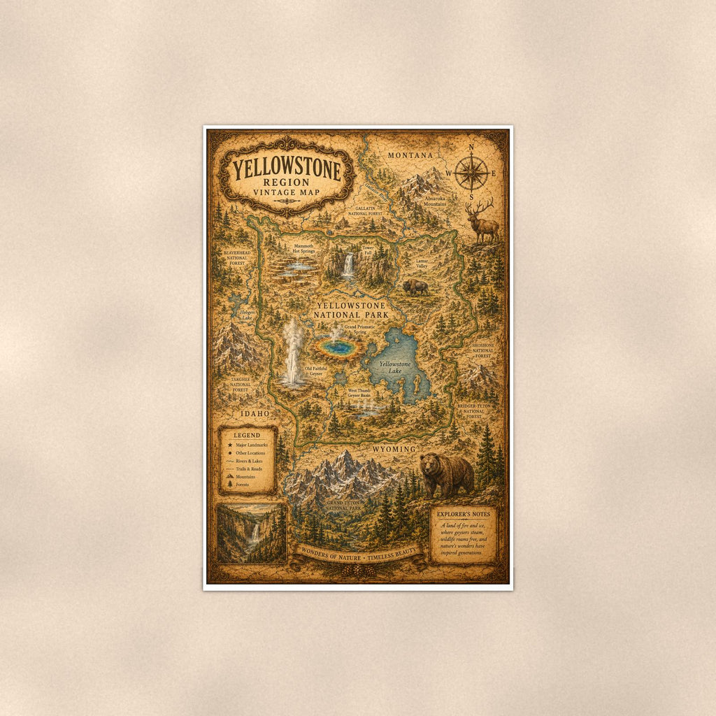 Vintage Yellowstone Map — 24x36 in art print poster, premium luster paper with a white border; poster shown straight on against a warm wall.