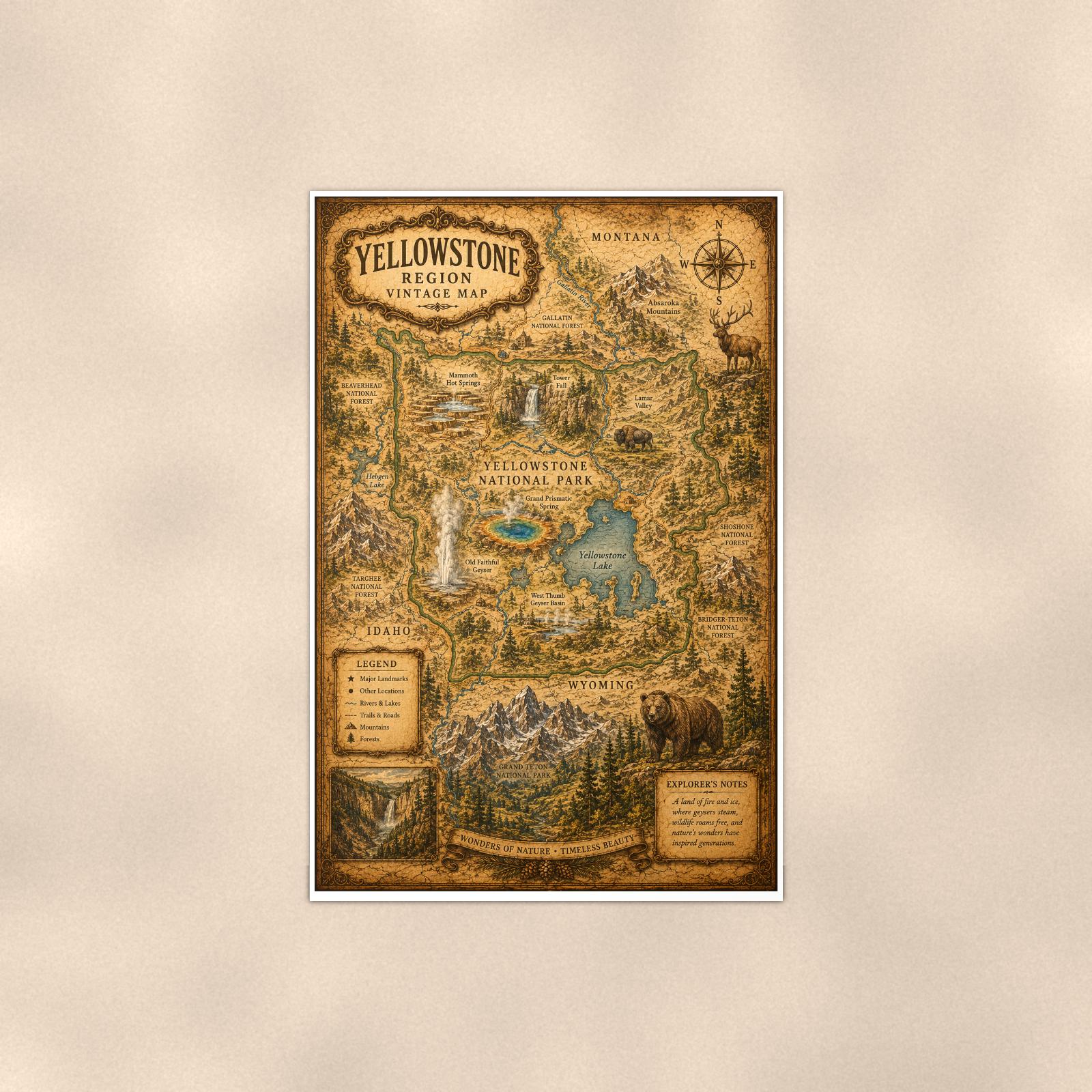 Vintage Yellowstone Map — 24x36 in art print poster, premium luster paper with a white border; poster shown straight on against a warm wall.