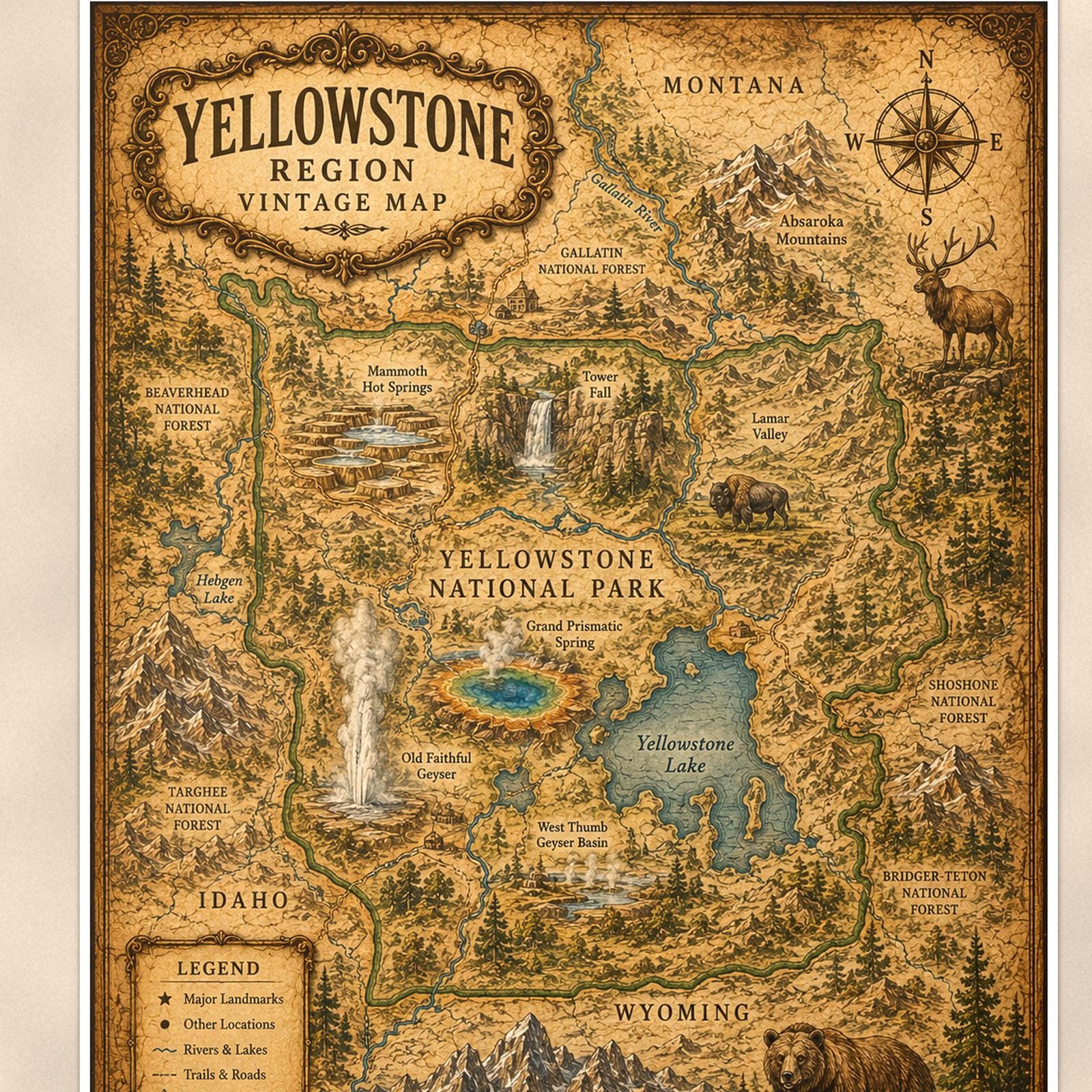 Vintage Yellowstone Map — 24x36 in art print poster, premium luster paper with a white border; close-up framed on the main subject of the artwork, paper surface visible.