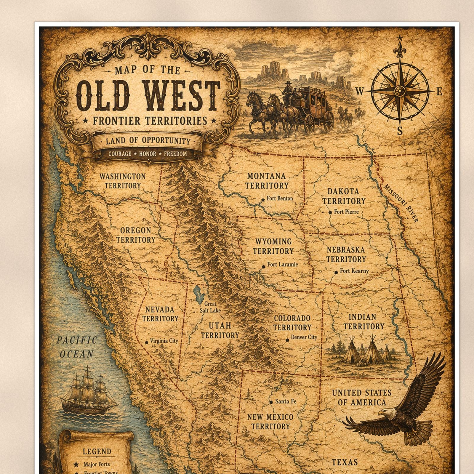 Vintage Old West Map — 24x36 in art print poster, premium luster paper with a white border; close-up framed on the main subject of the artwork, paper surface visible.