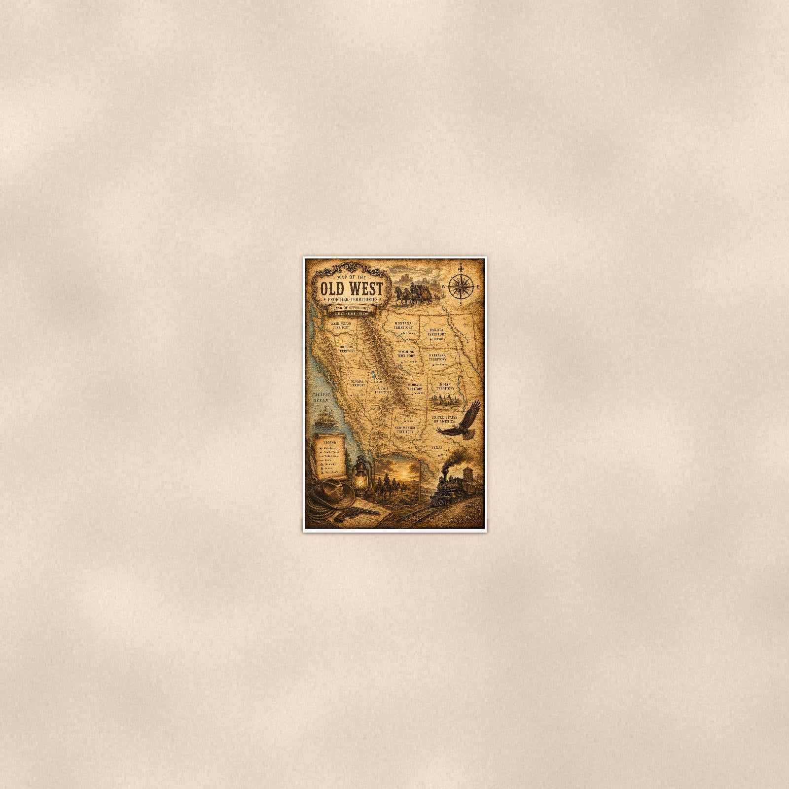Vintage Old West Map — 24x36 in art print poster, premium luster paper with a white border; poster seen from further back, at true 24x36 in scale on a warm wall.