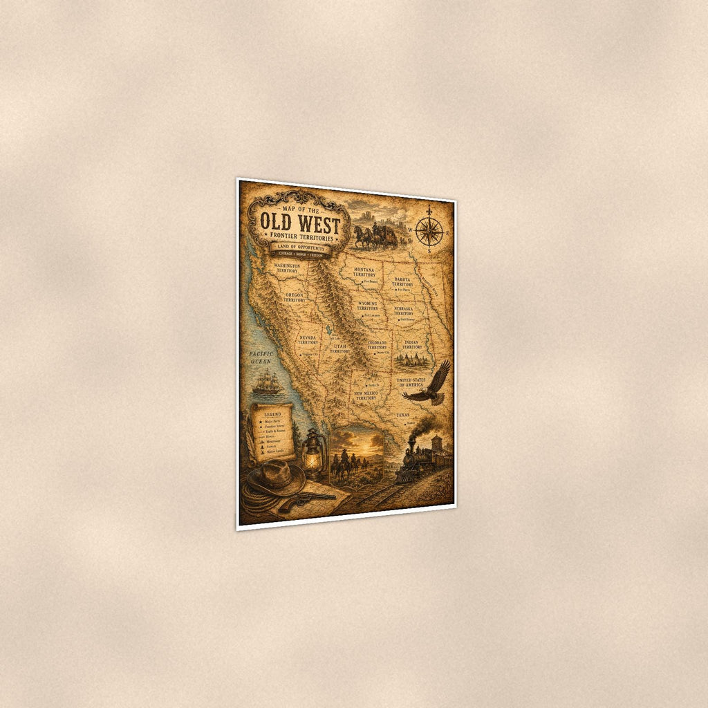 Vintage Old West Map — 24x36 in art print poster, premium luster paper with a white border; gentle three-quarter angle on a warm wall, showing the flat paper edge.