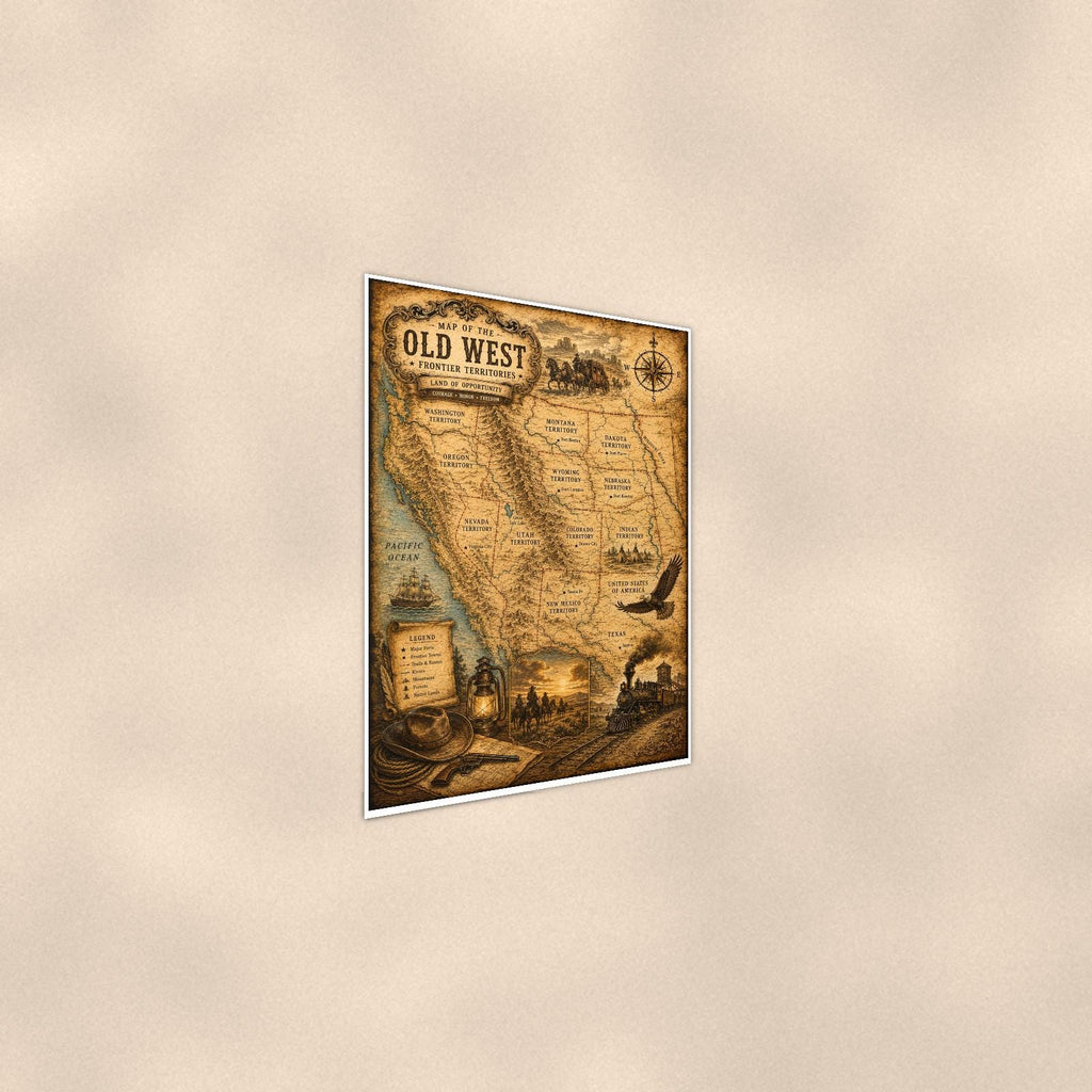 Vintage Old West Map — 24x36 in art print poster, premium luster paper with a white border; steeper three-quarter angle on a warm wall, catching the luster sheen.